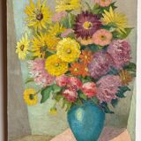Antique painting, still life with blue vase and flowers, mid-20th century