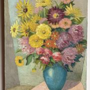 Antique painting, still life with blue vase and flowers, mid-20th century