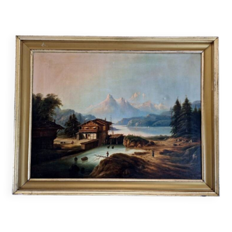 August Achilles (1798-1861) - Oil on canvas - Lakeside landscape in Switzerland