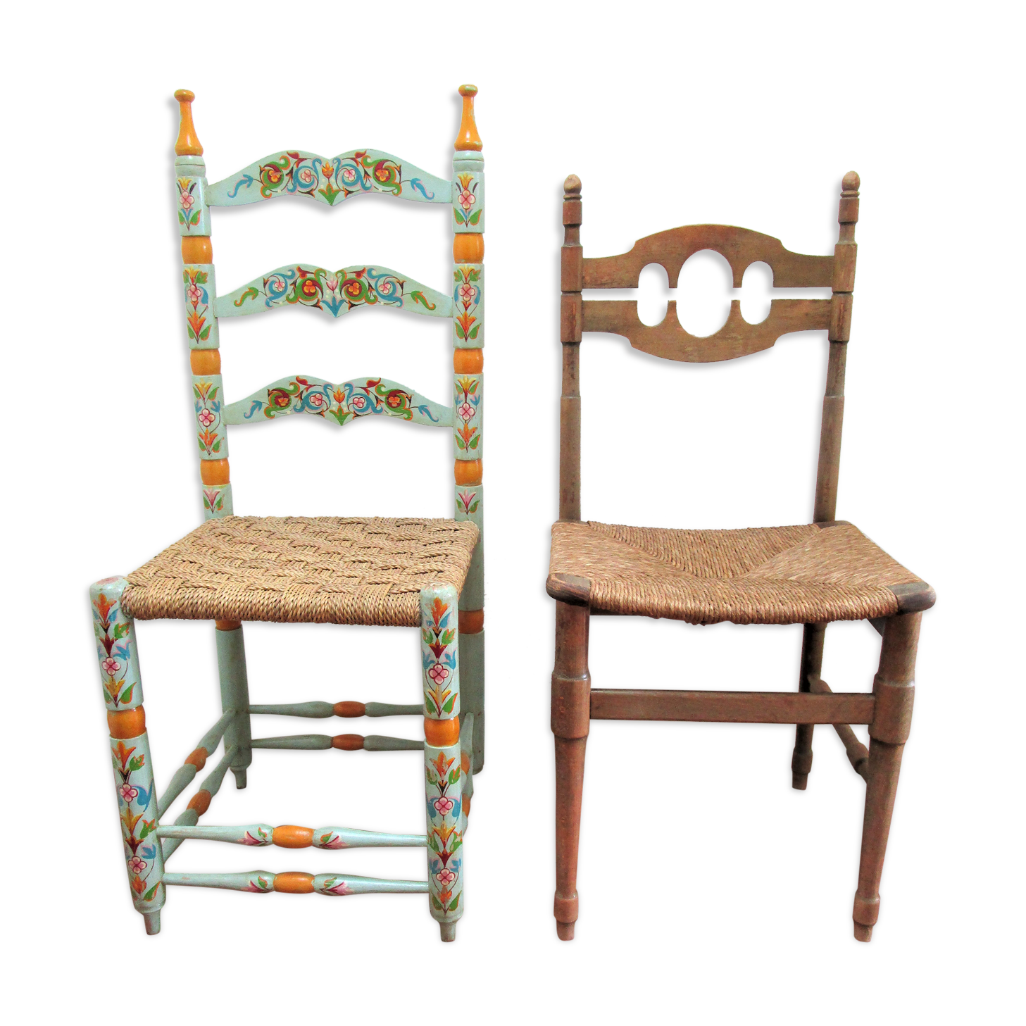 Two chairs patinated polka dots and painted wood folk art seat vintage straw