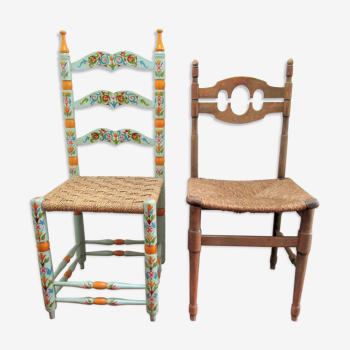 Two chairs patinated polka dots and painted wood folk art seat vintage straw