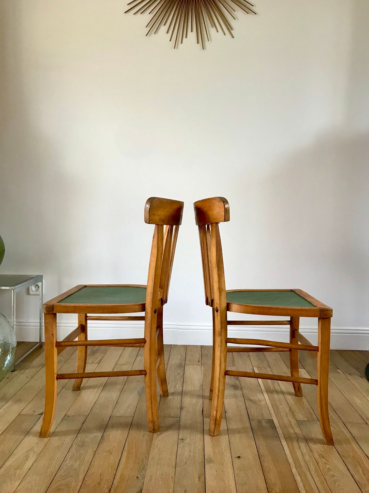 Pair of bistro chairs in light curved wood and green seat 1950s