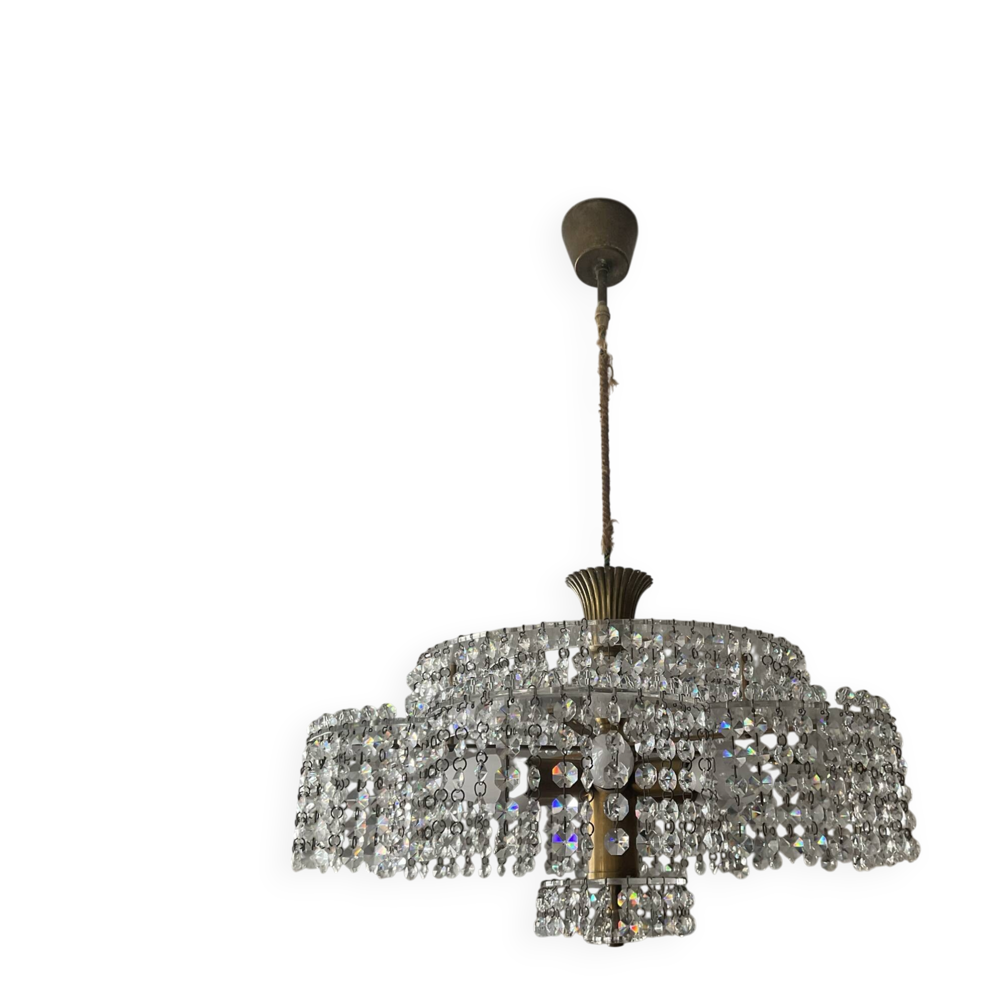 Vintage lucite chandelier with a cascade of crystal pendants from the 1970s.