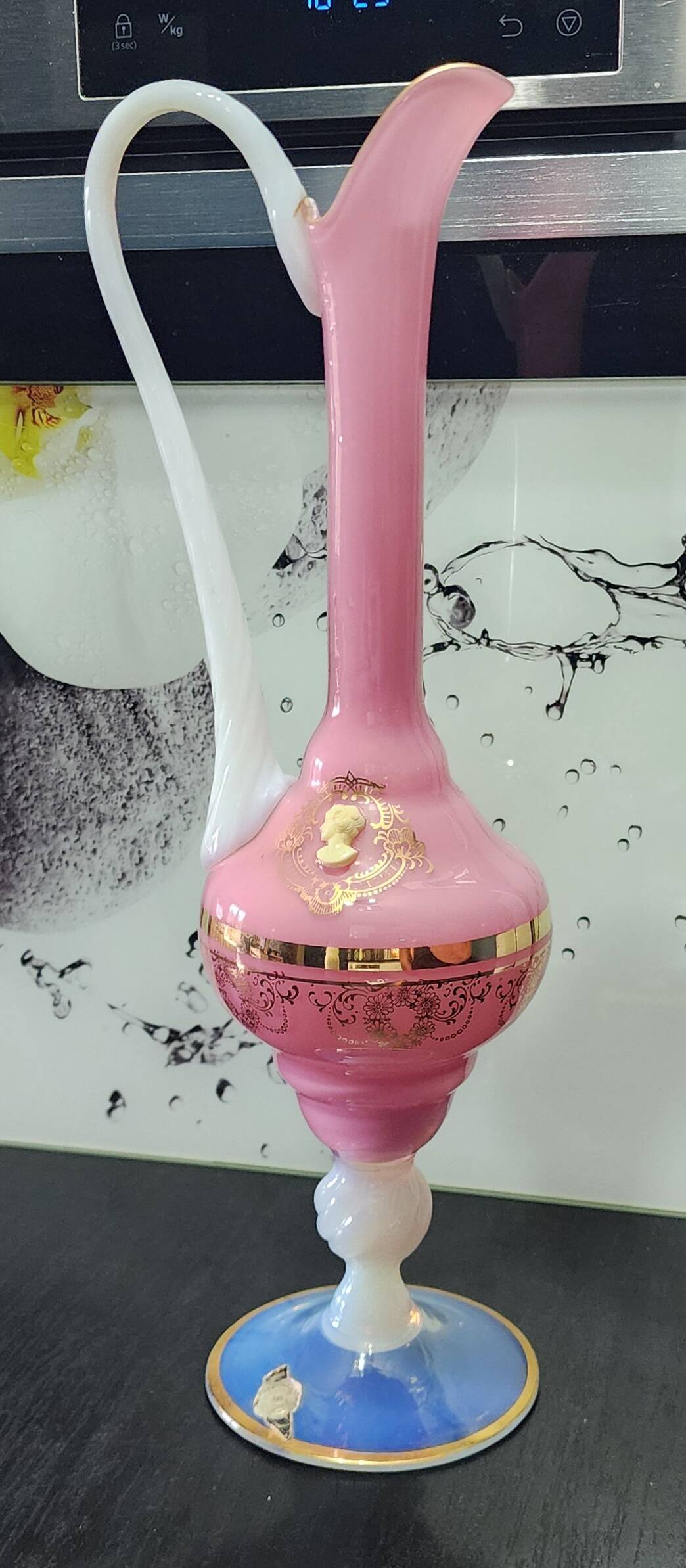 Vintage ewer vase opaline glass pink / blue and gold