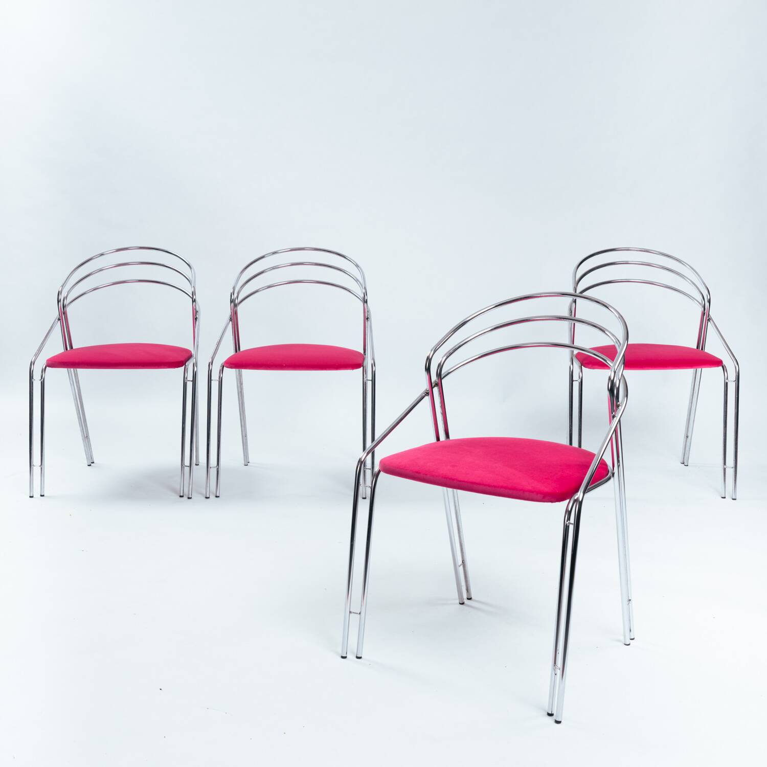 Ensemble de salle à manger vintage chromé avec velours rose, Italie, années 1970