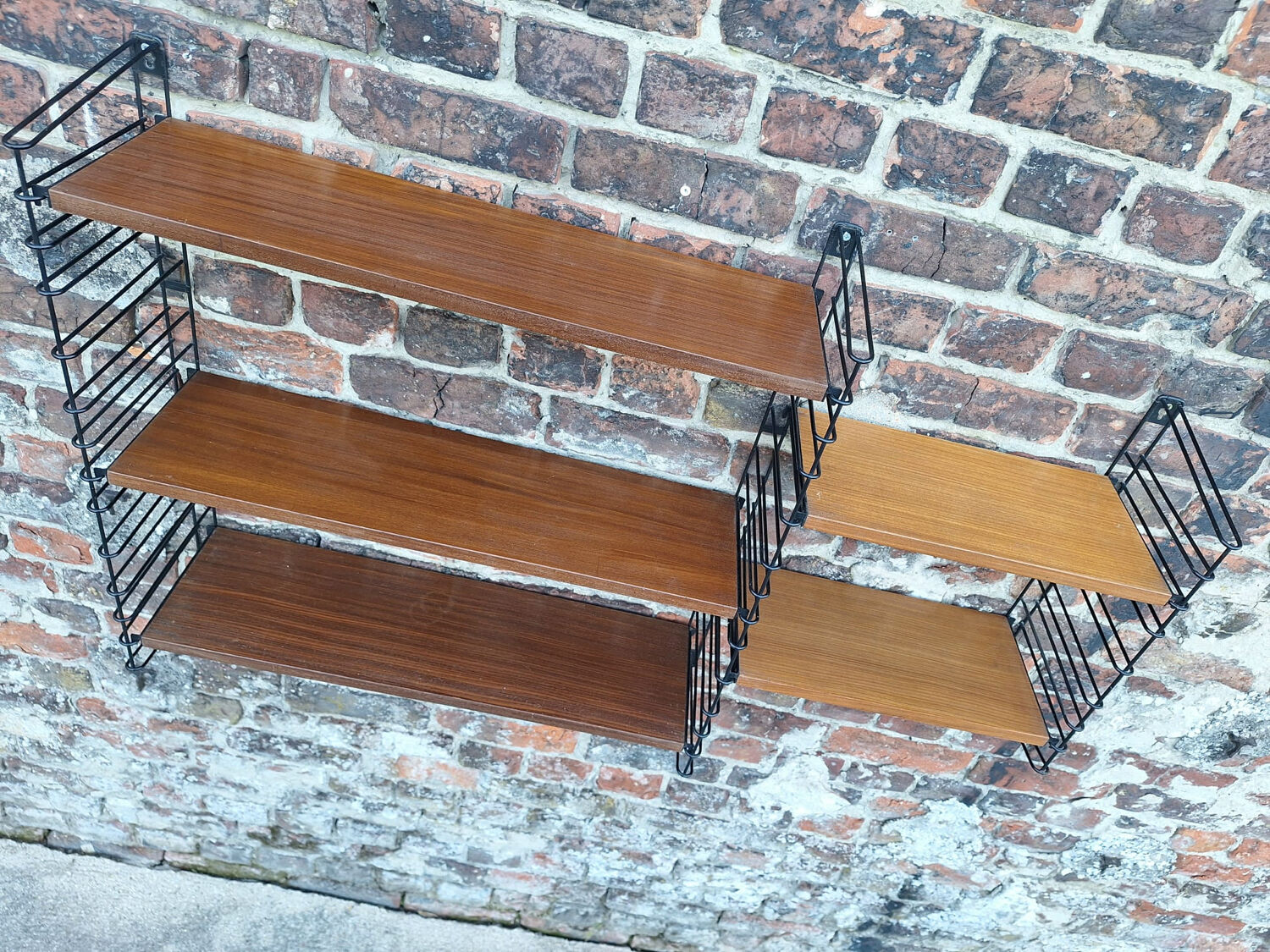 Vintage wood and metal shelves, designer storage.