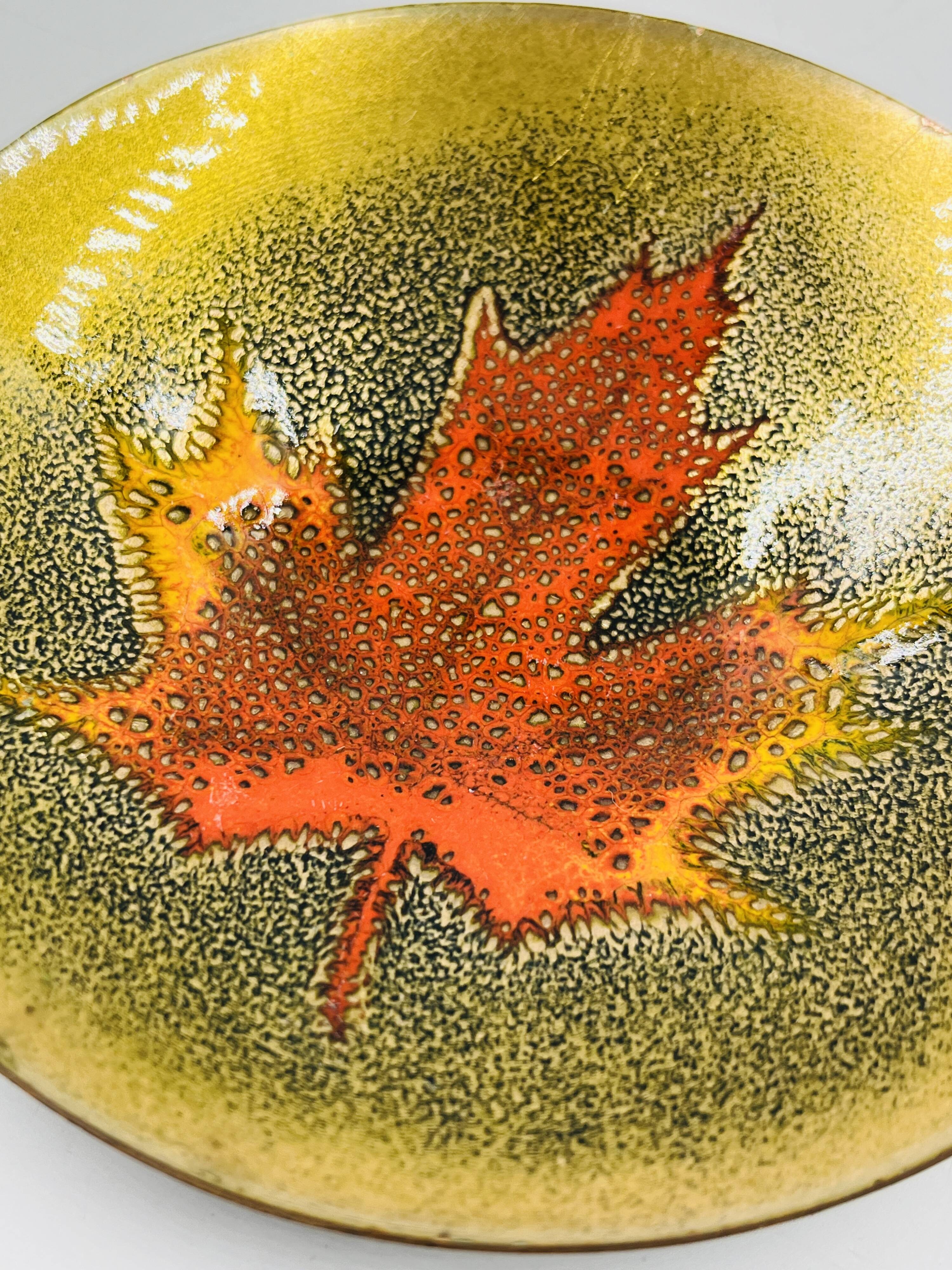 Enamelled catchall leaf signed Jules Perrier artisan Quebec