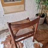 Chaises de salle à manger rustiques en teck et jonc de style français du milieu du siècle (x6)