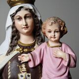 Statuette stuc ND du Mont Carmel, ateliers Olot, yeux en verre, 1920-1930