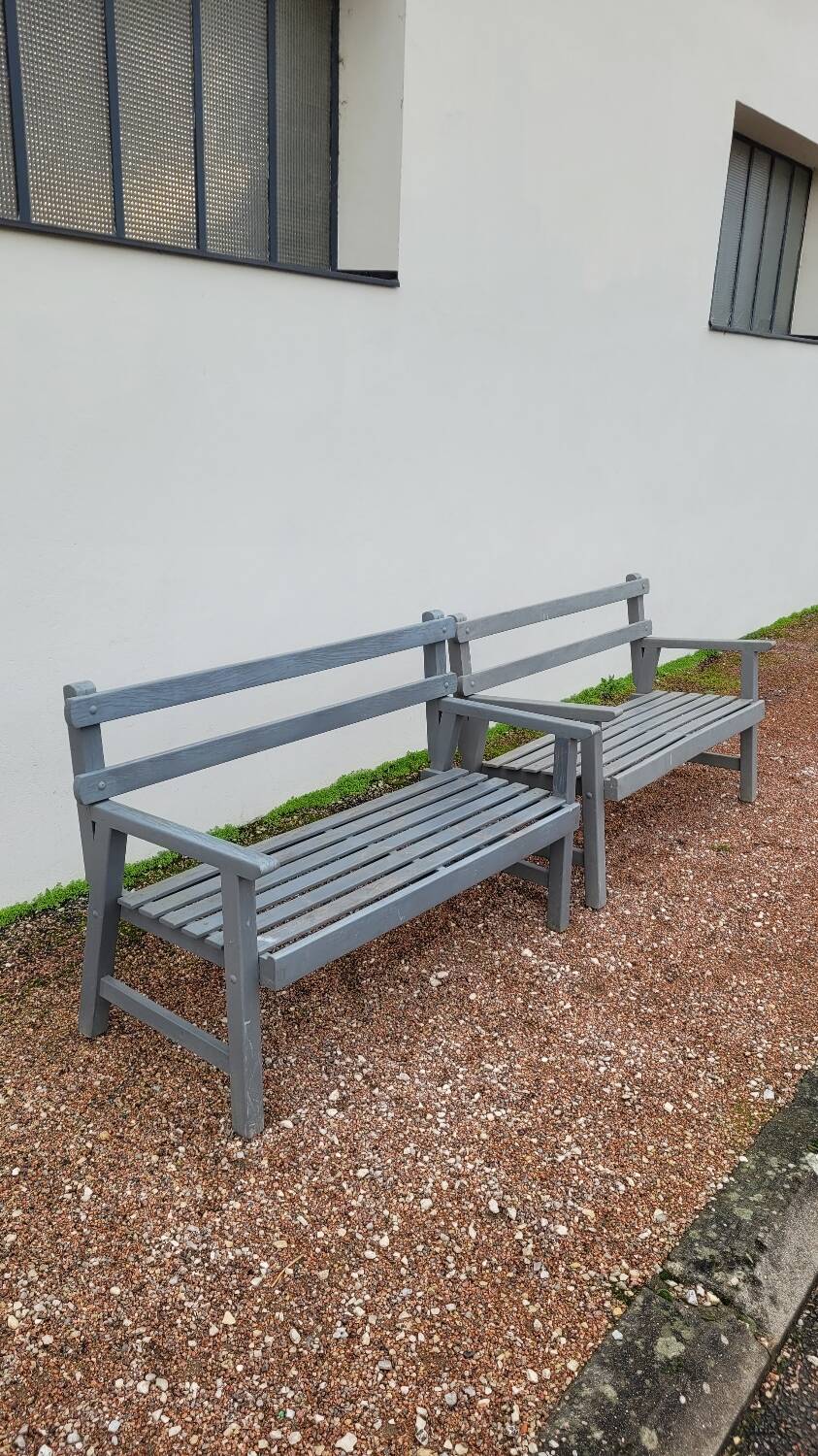 Pair of old wooden park garden benches