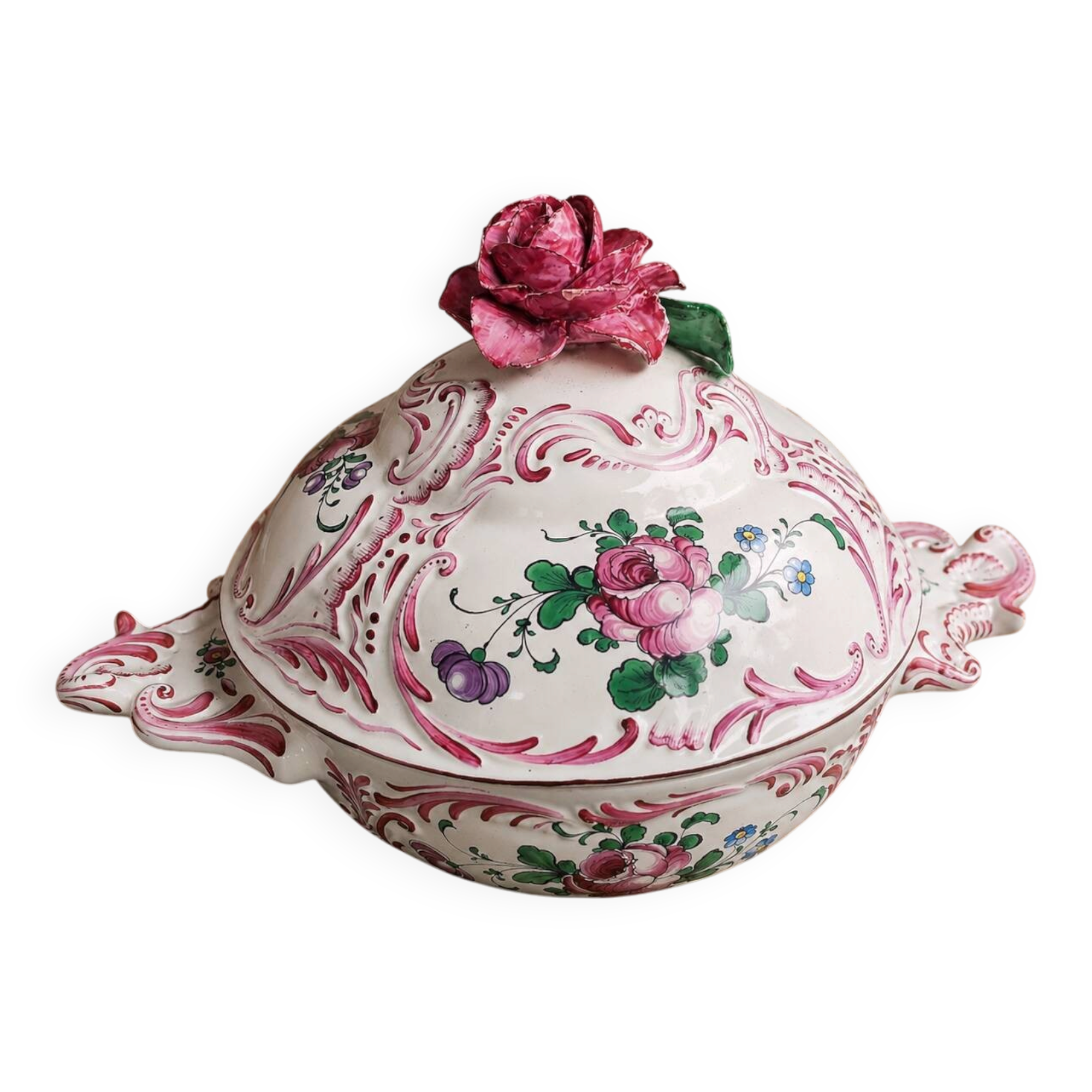 Strasbourg soup tureen in hand-painted French earthenware in yellow and pink.