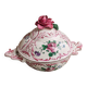 Strasbourg soup tureen in hand-painted French earthenware in yellow and pink.