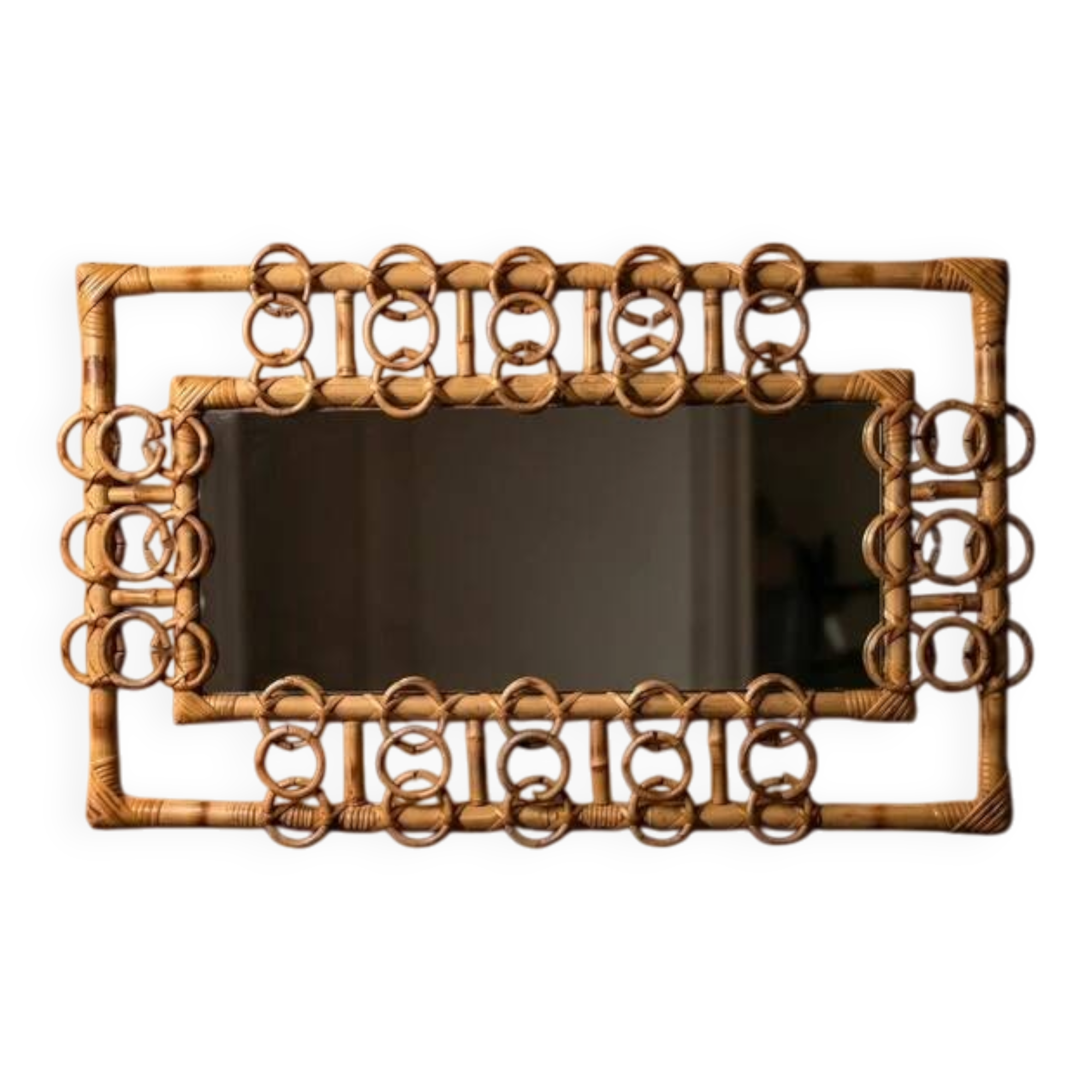 Miroir rectangulaire en rotin et osier, détails anneaux – travail espagnol, années 1950