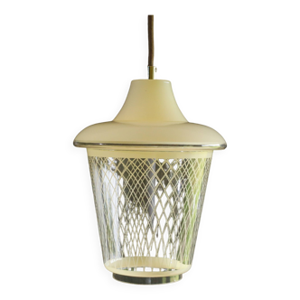 Vintage pendant light in pale yellow and transparent glass with yellow nets, delivered with new cable