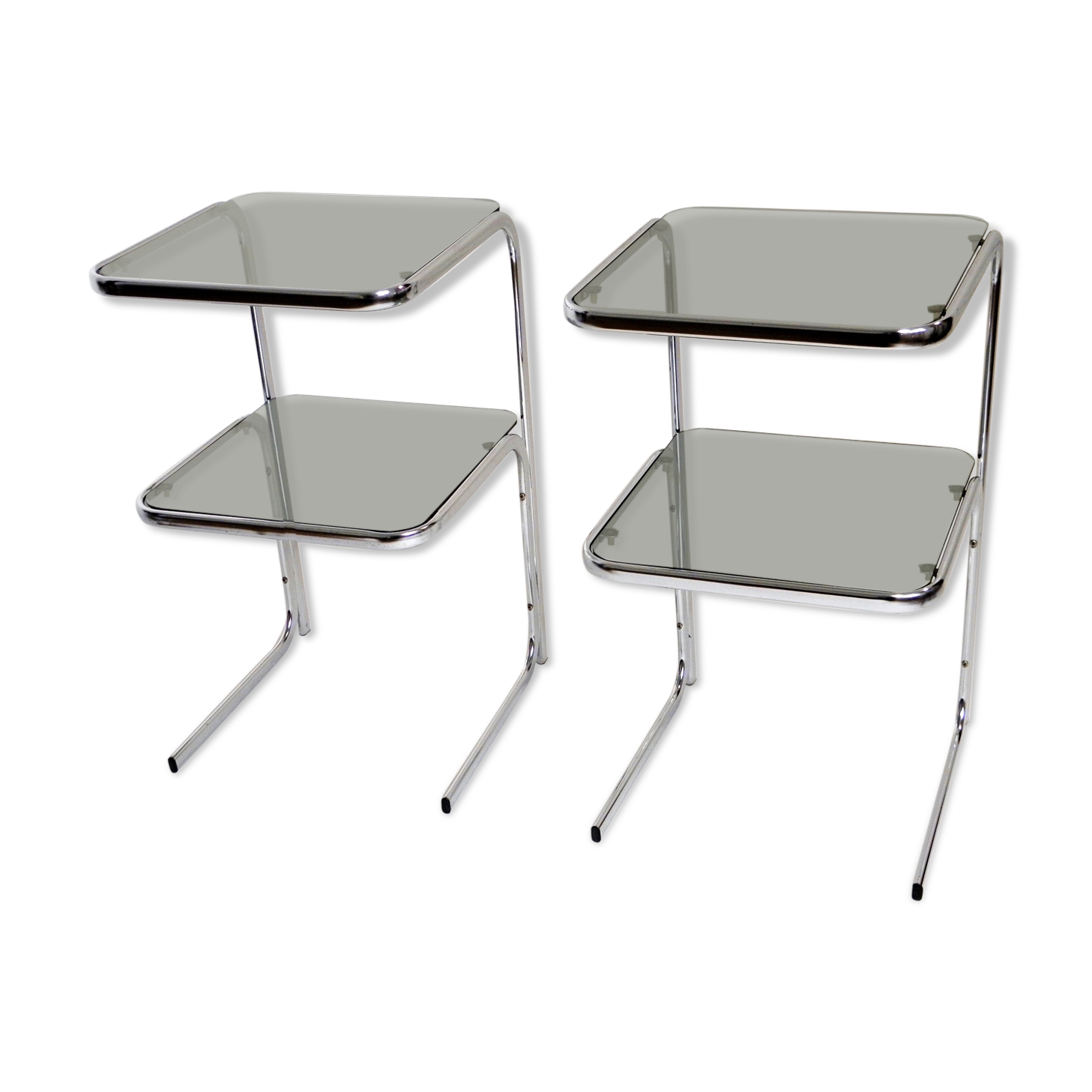 Pair of chrome bedside and 70s glass