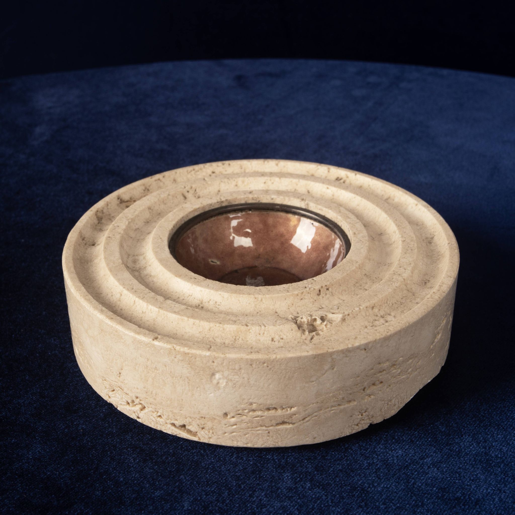Italian Round Travertine and Copper-Toned Metal Ashtray, 1970