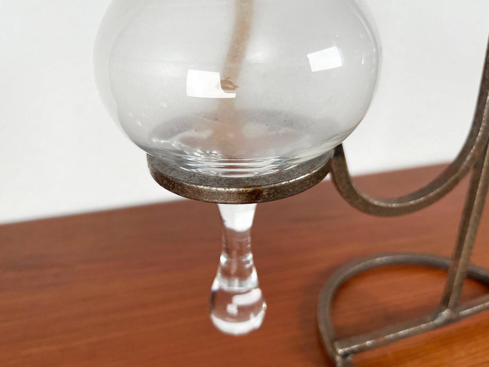 Mid-century Danish wrought iron and glass table oil lamp, 1960s.