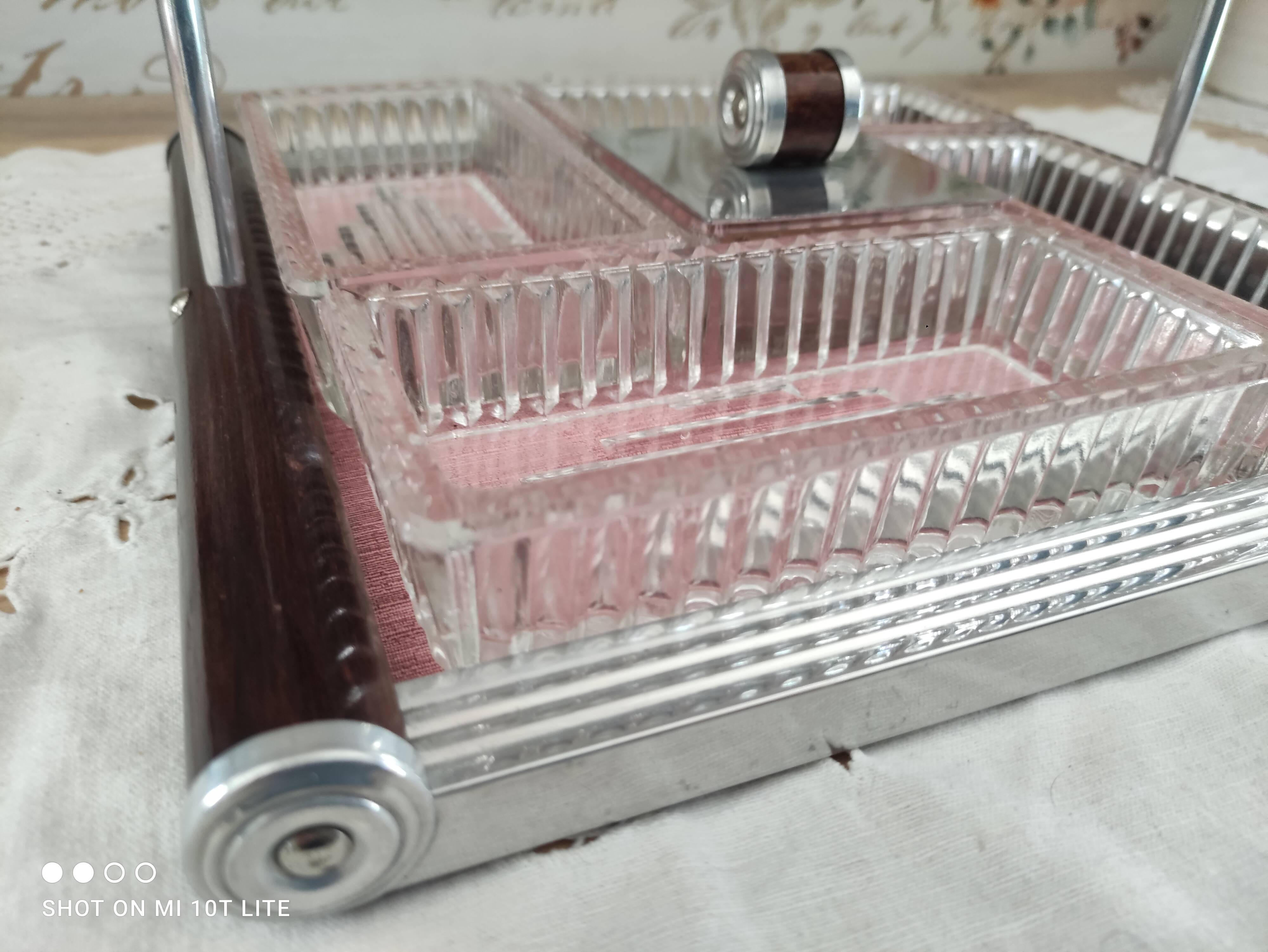 Vintage appetizer tray in wood, glass and metal