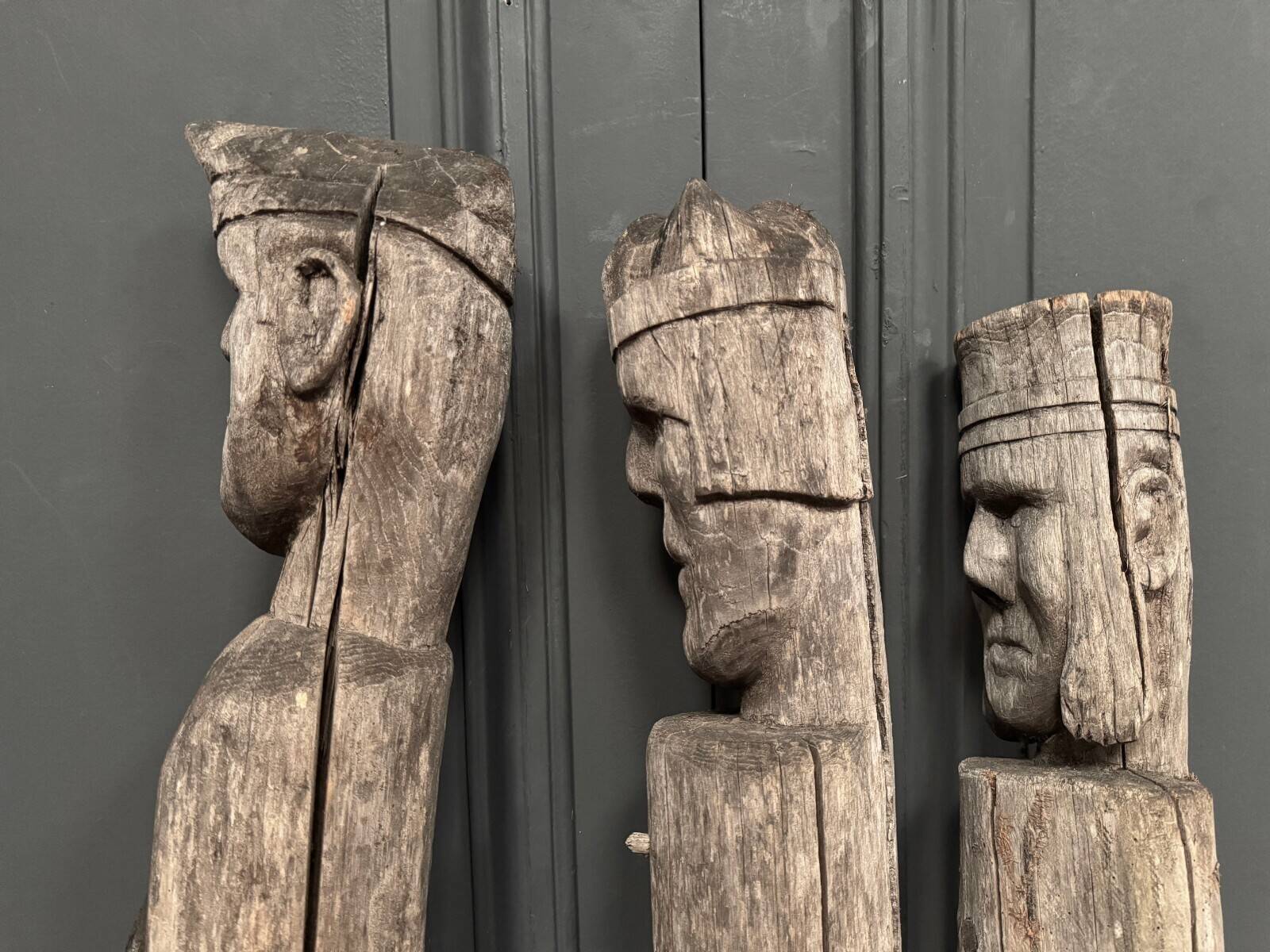 3 wooden folk art totems representing the three wise men, mid-20th century