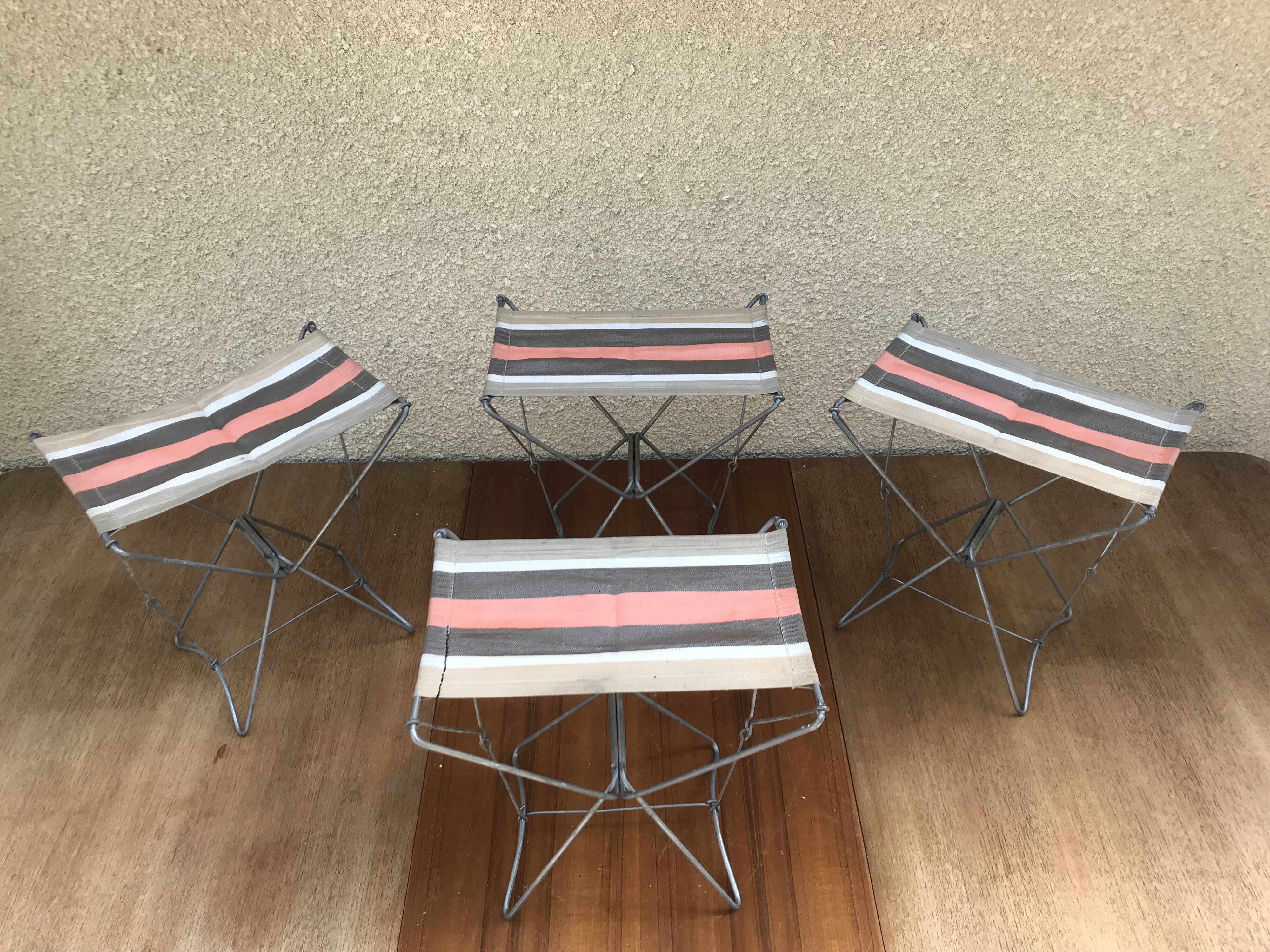 Series Of 4 Metal Garden Folding Stools - Multicolour Fabric Vintage Camping