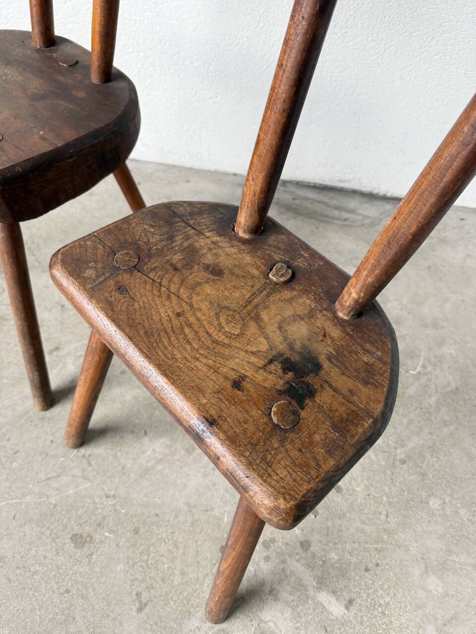 Pair of Savoyard tripod chairs, folk art, oak.