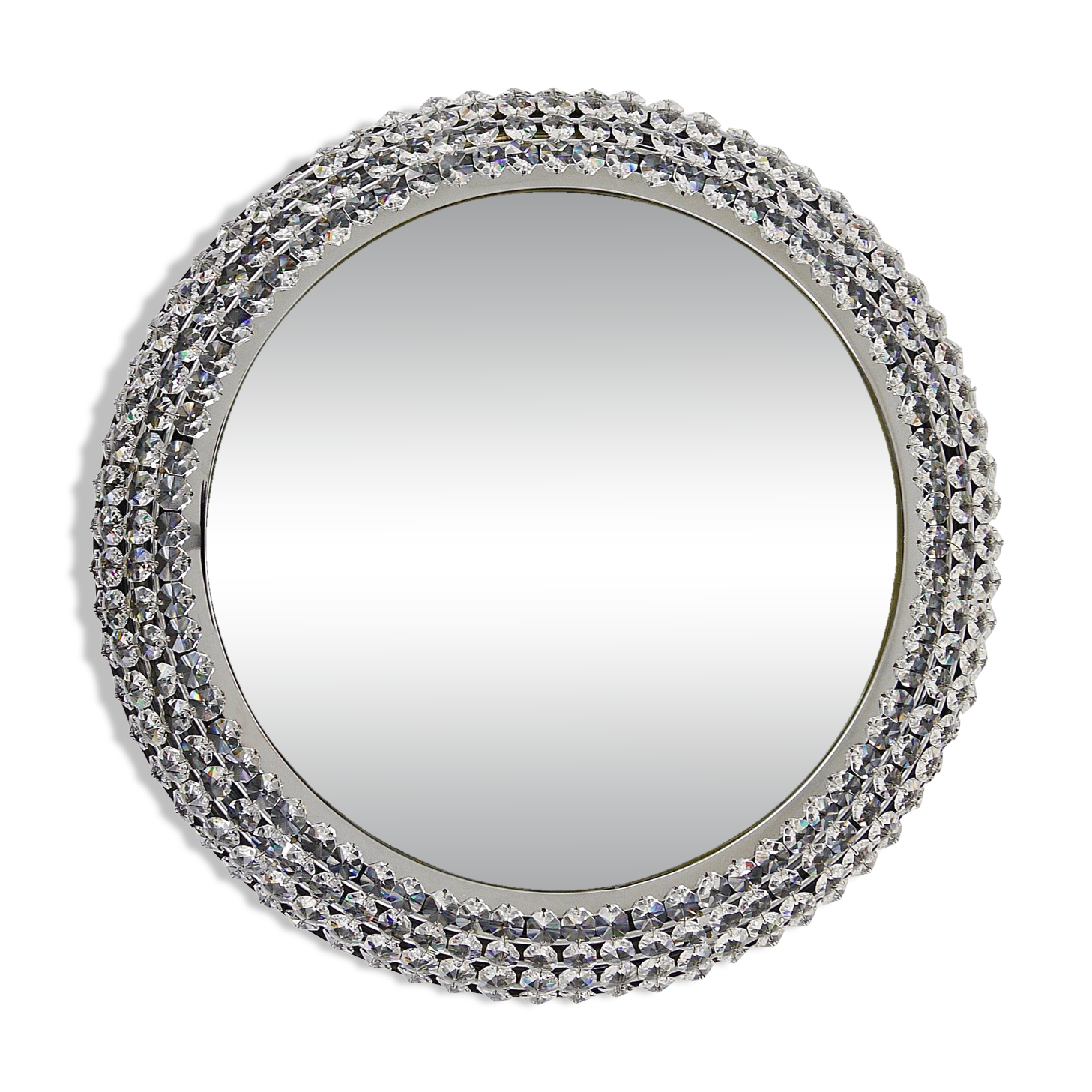 Round Wall Mirror in Bakalowits Style with Faceted Crystal & Chrome Lighting, 1960s