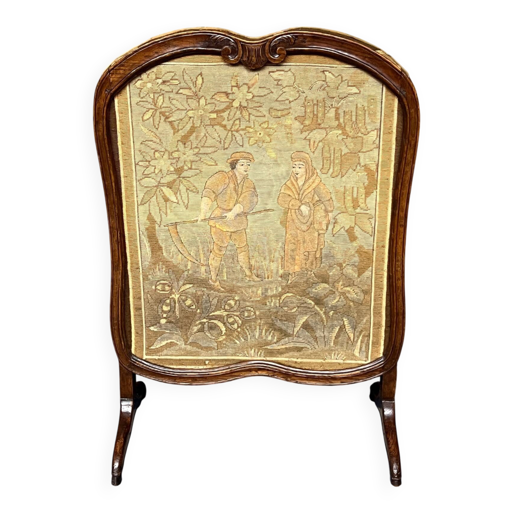 Écran de cheminée ancien. Chêne, broderie.