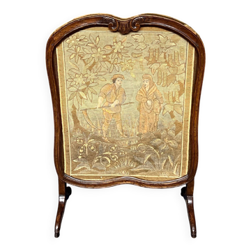 Antique fireplace screen. Oak, embroidery.