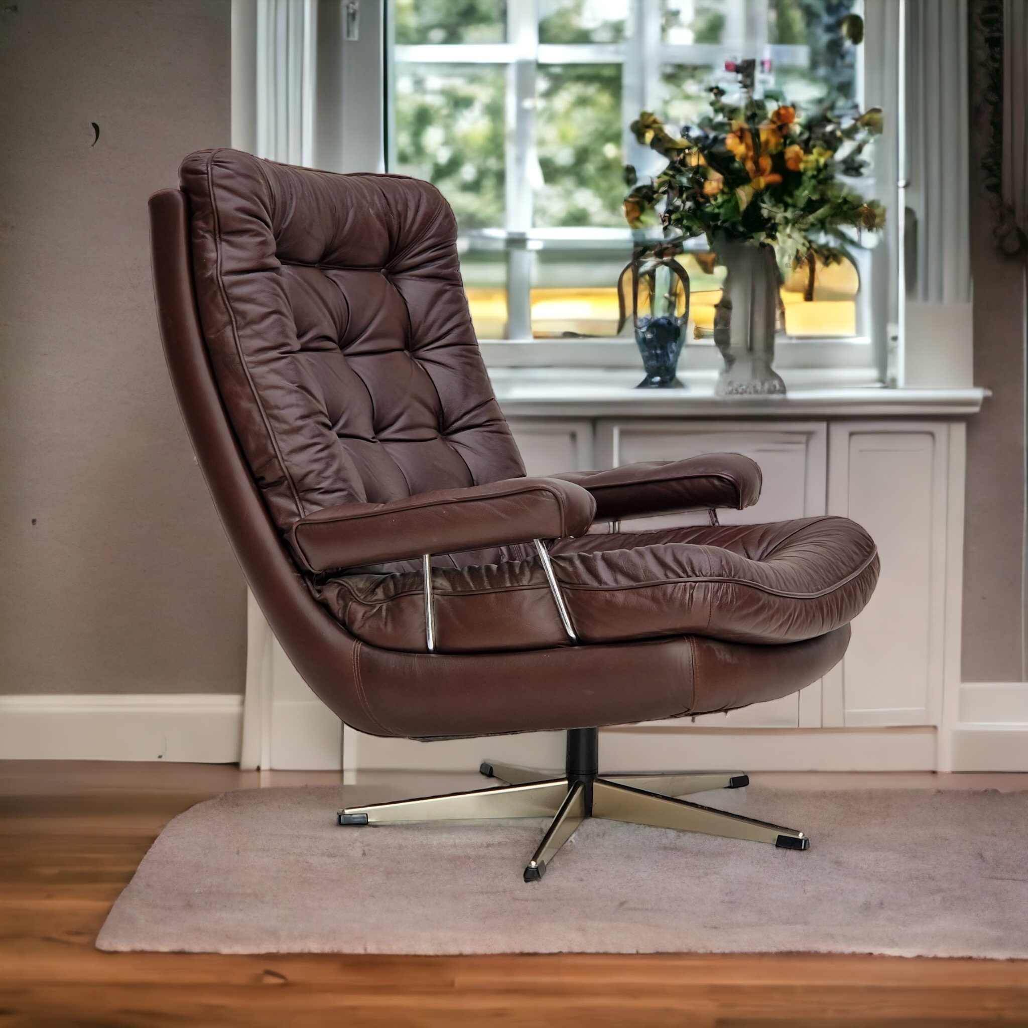 Vintage danish swivel leather armchair 1970s