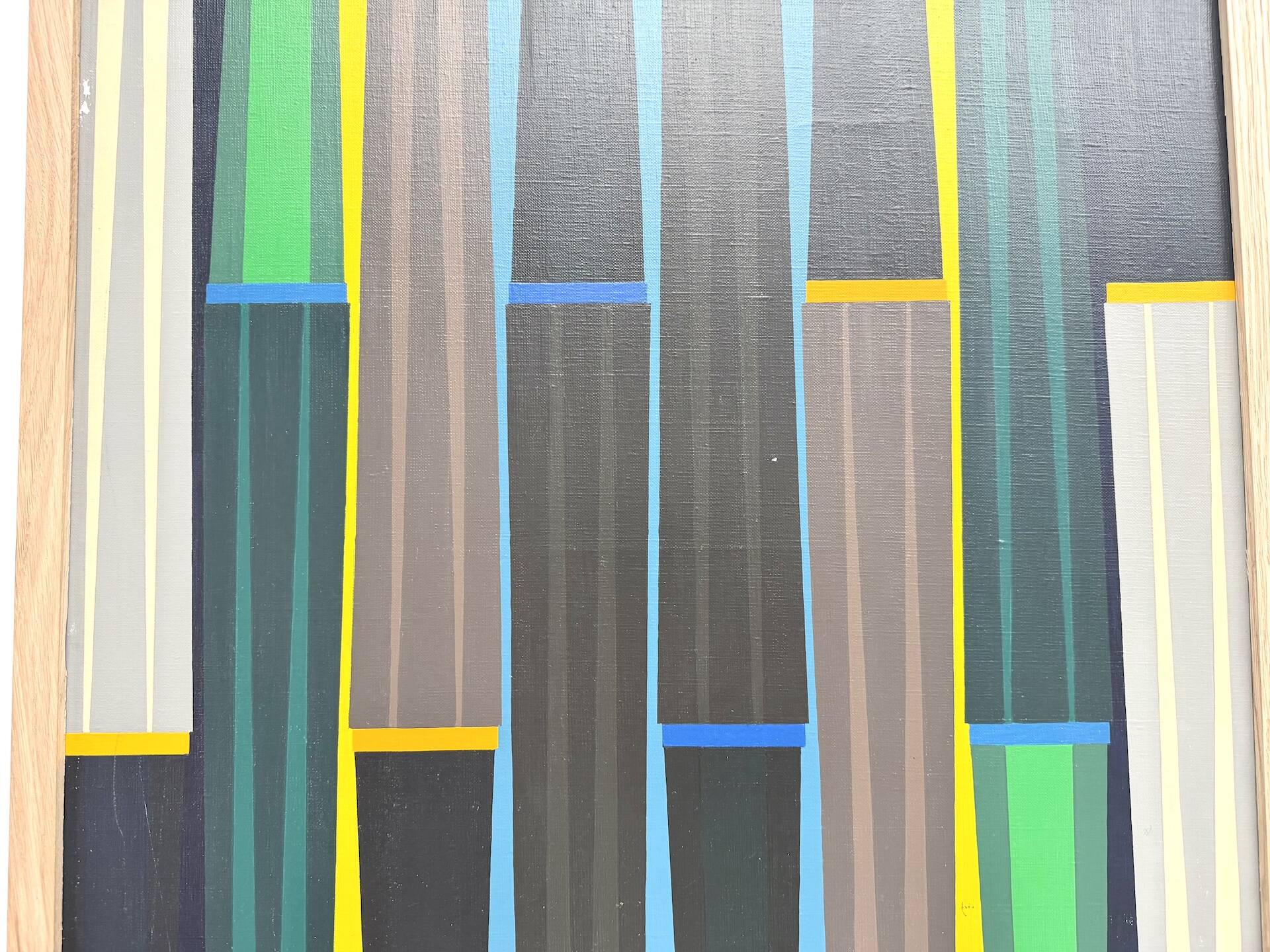 Peinture abstraite géométrique, huile sur toile encadrée chêne, années 1970