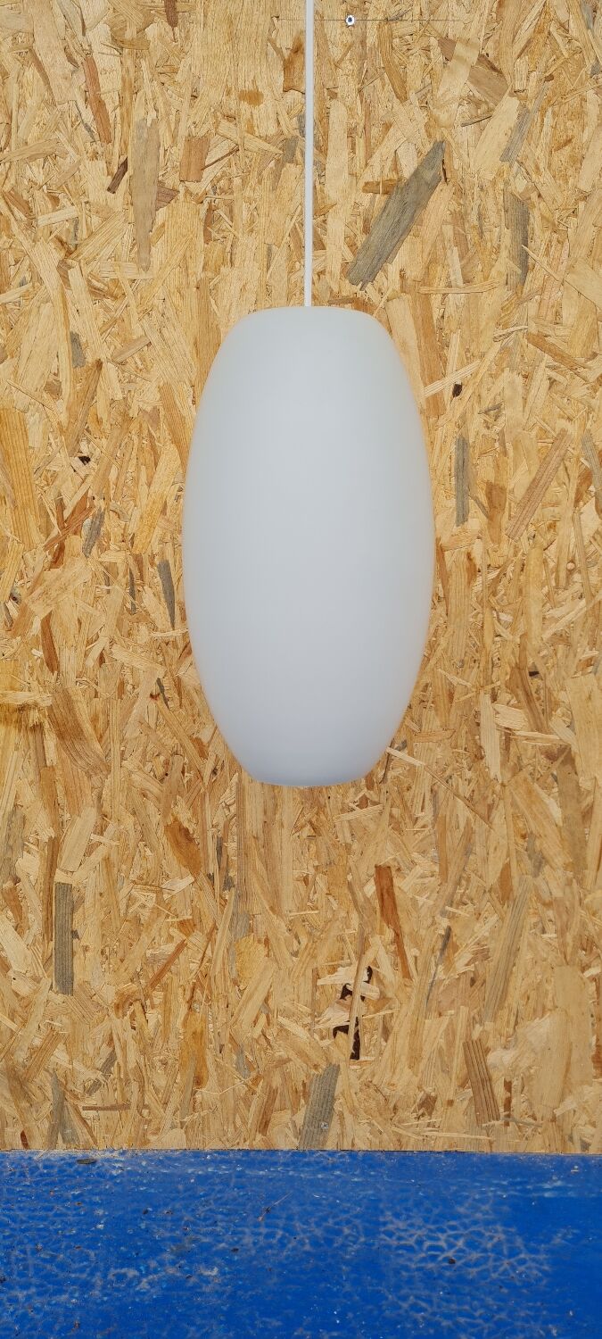 Oval pendant light in white opaline 1960