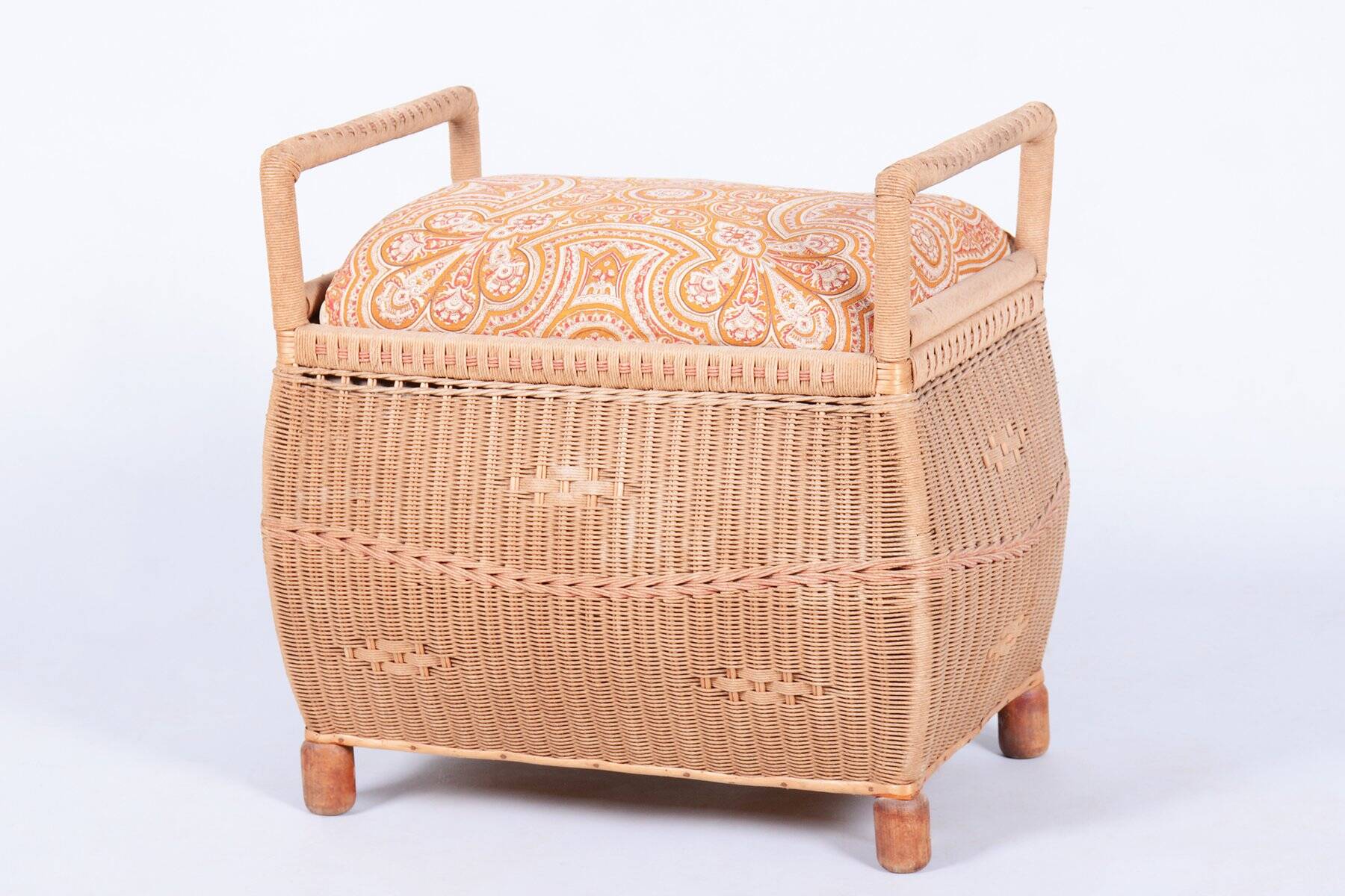 Czech Art Deco Stool in Wood and Hemp, 1940s