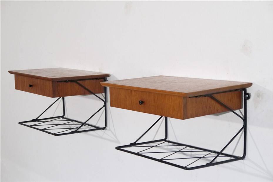 Pair of hanging bedside tables in teak and metal, 1960