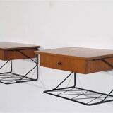 Pair of hanging bedside tables in teak and metal, 1960
