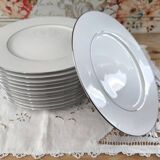 Set of 12 white porcelain dinner plates with double silver rim