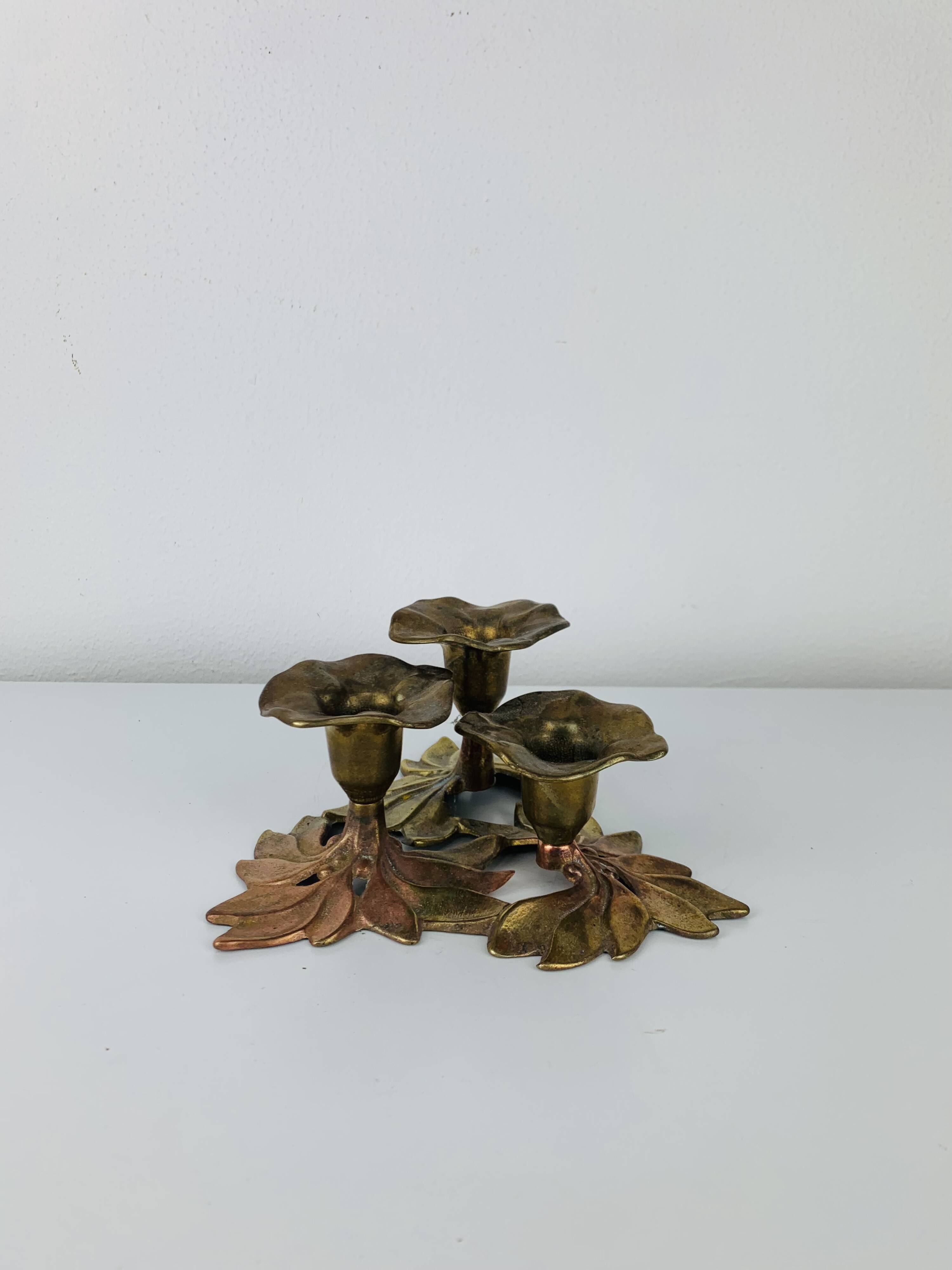 Bougeoir laiton trio de fleurs, vintage