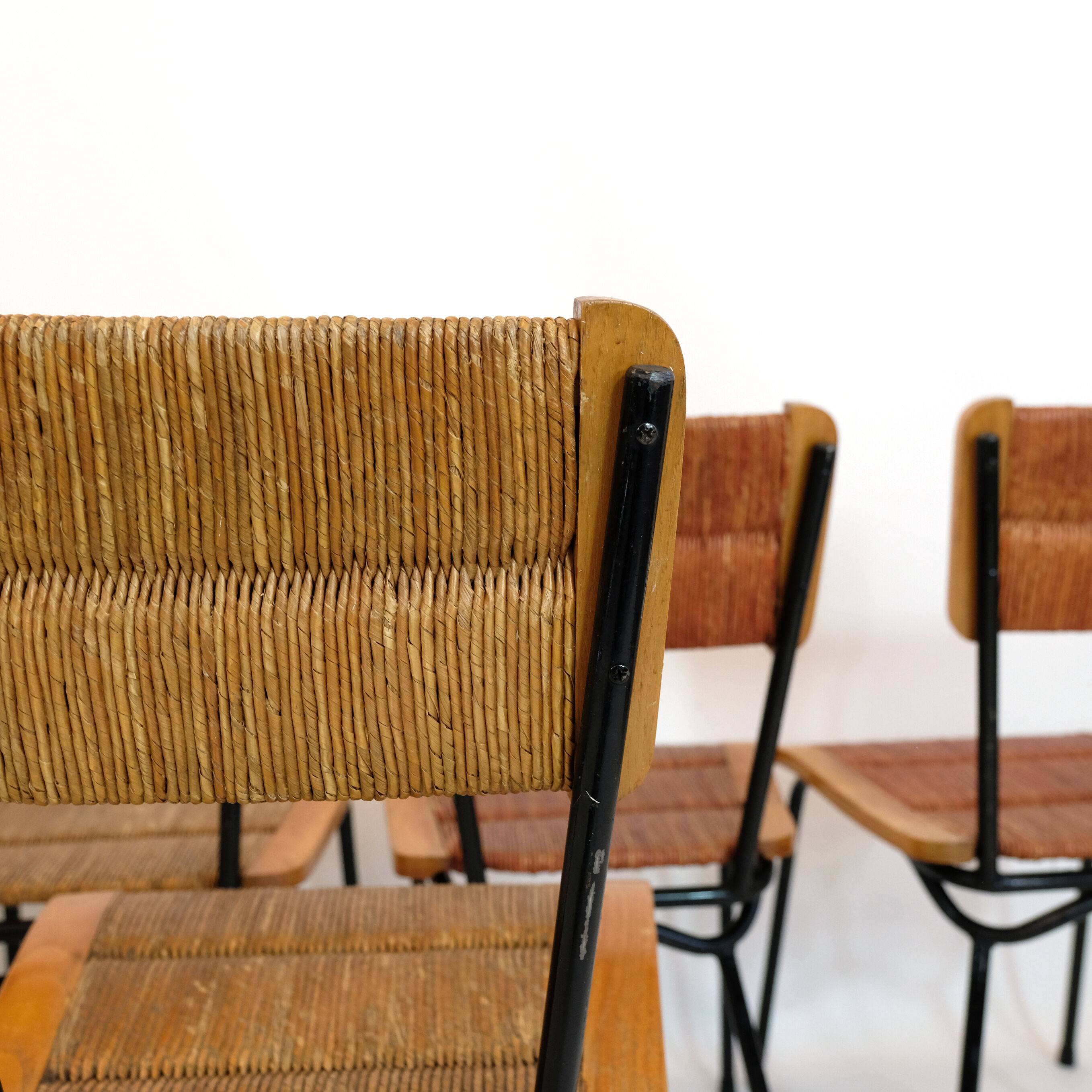 Suite of 6 chairs, wood straw and metal from the 50s