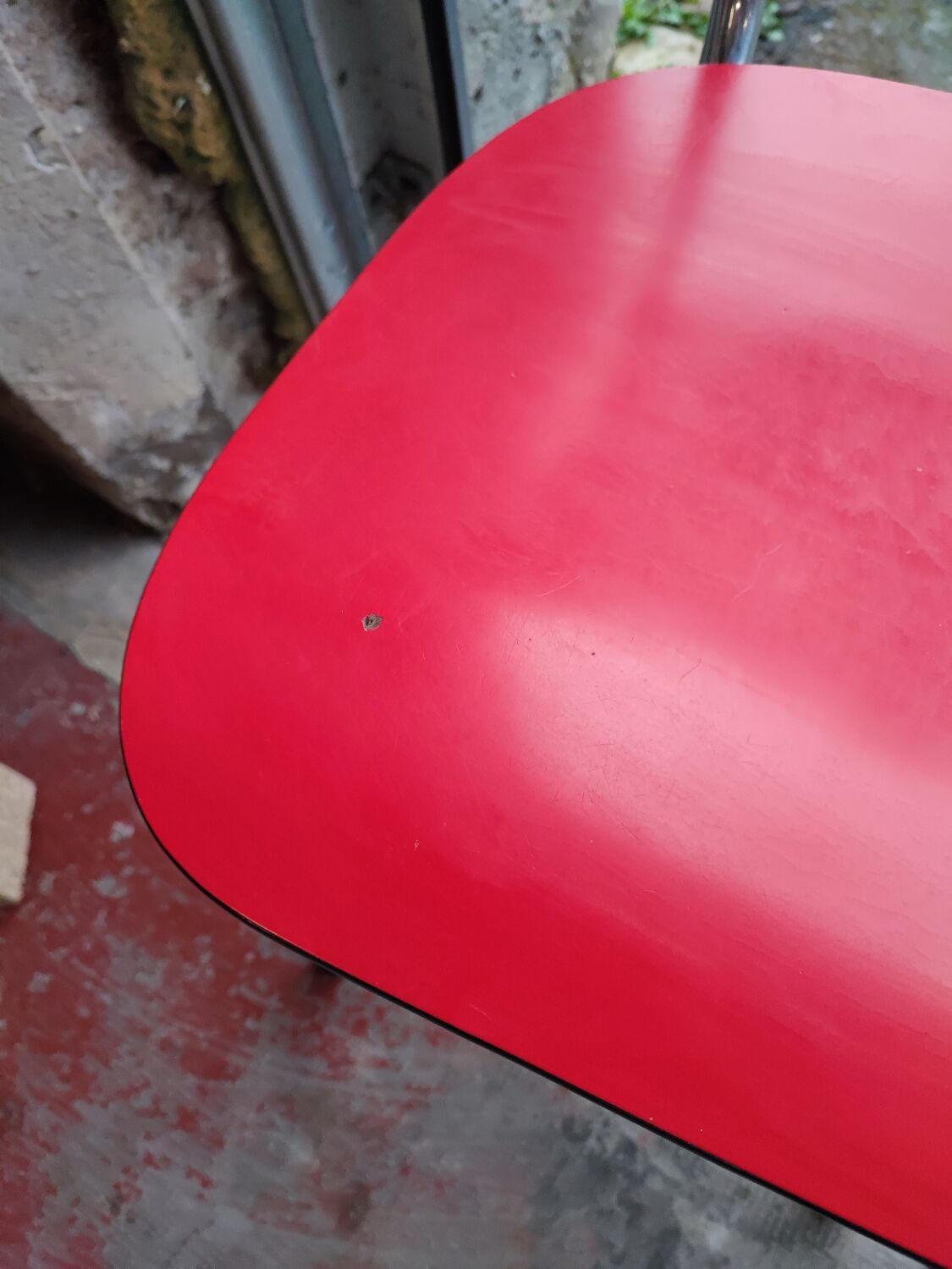 6 red and chrome Formica chairs