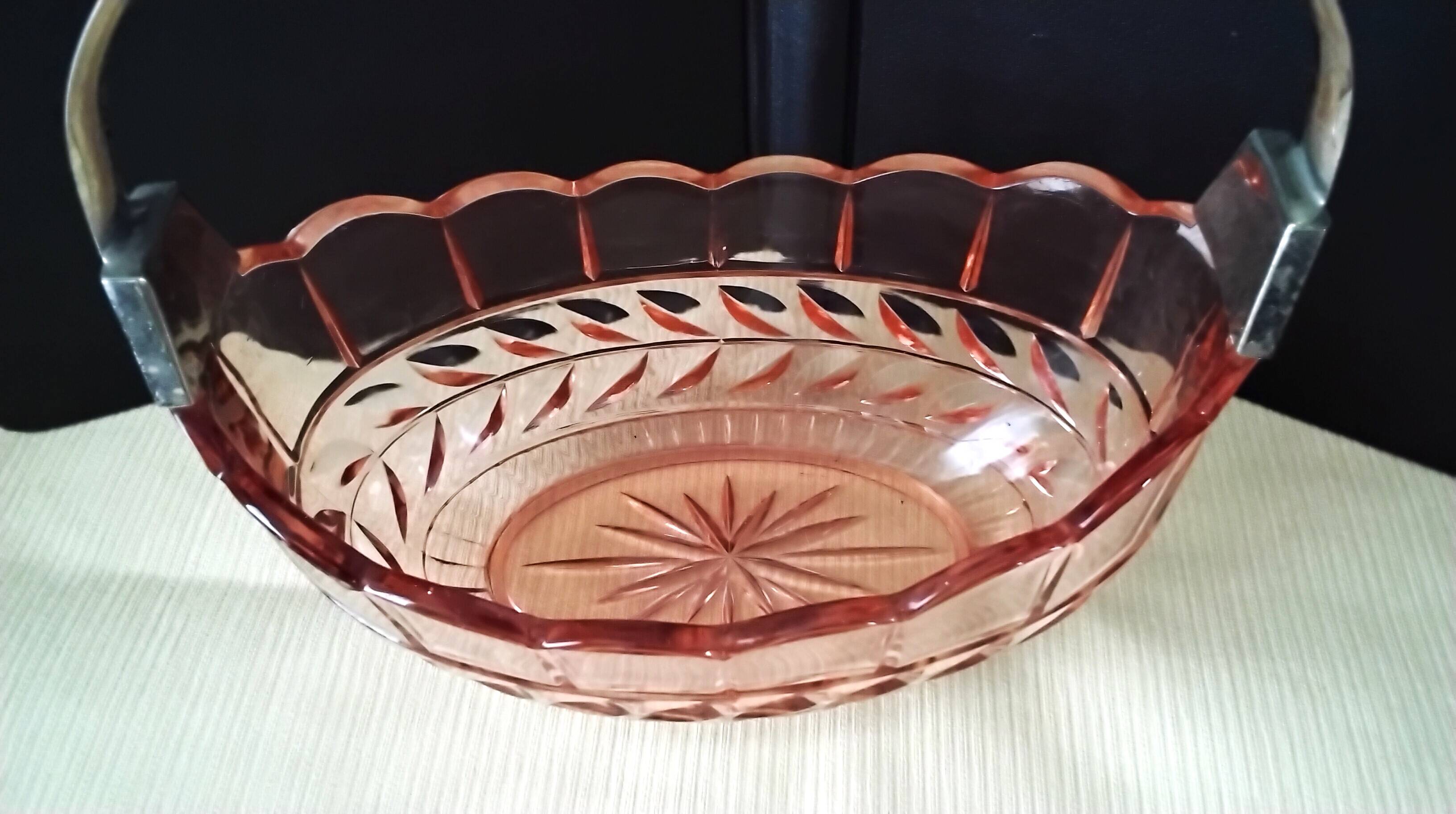 Pink molded pressed glass fruit basket centerpiece
