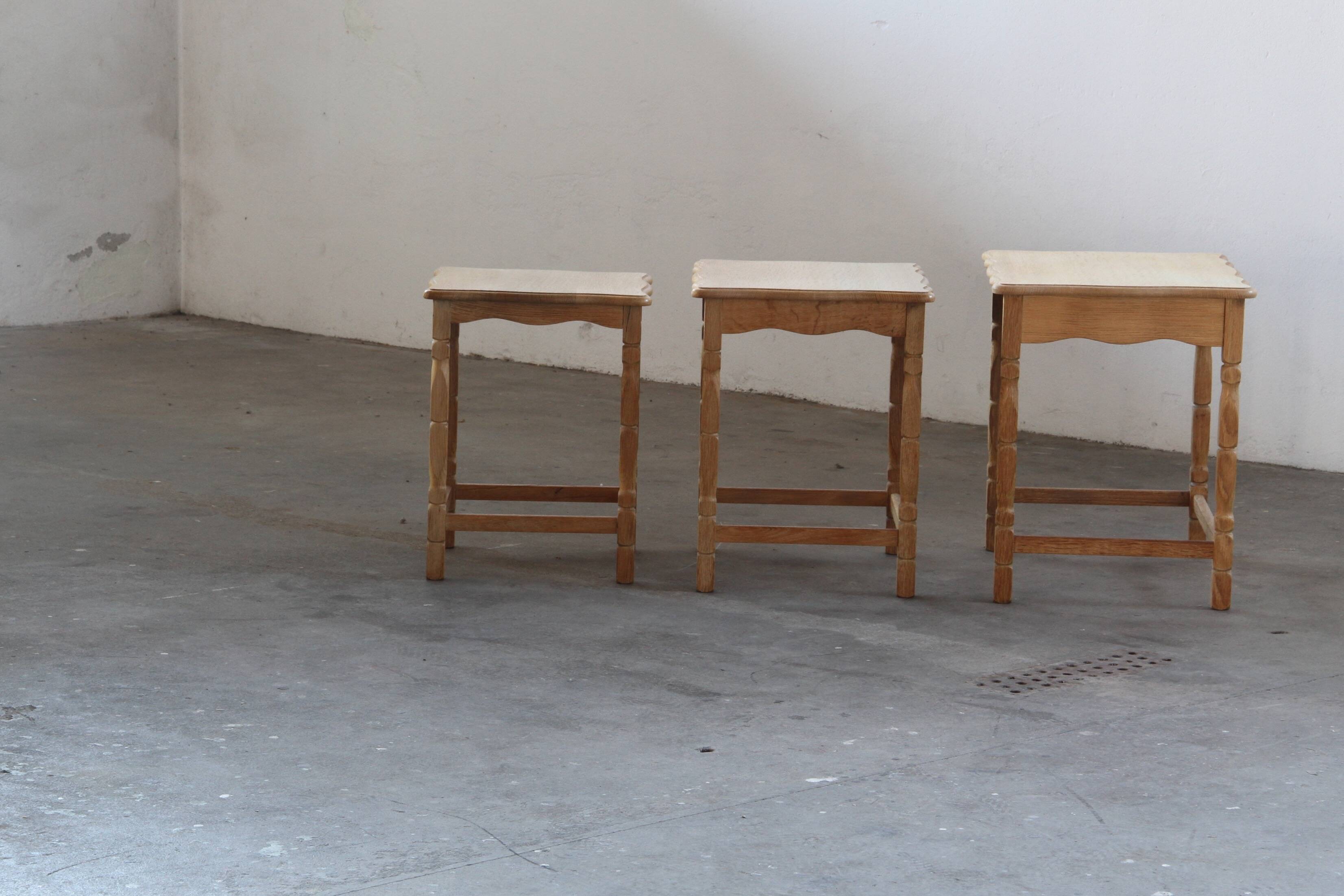 Vintage 1970s set of 3 Nesting / Stacking Oak Tables, style of Henning Kjær