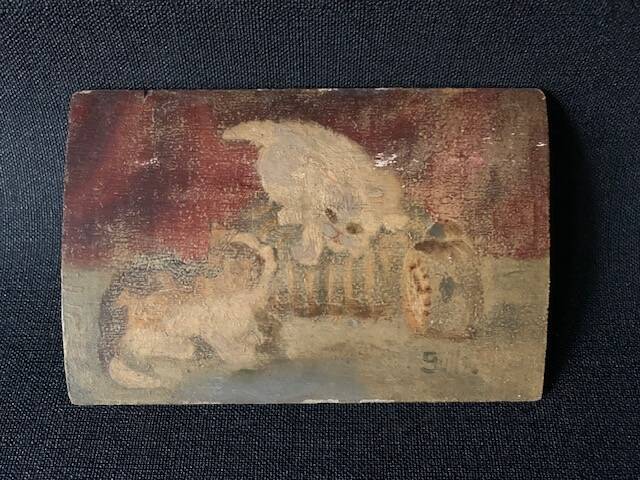 Small old signed painting, scene of cats, oil on panel, 1900