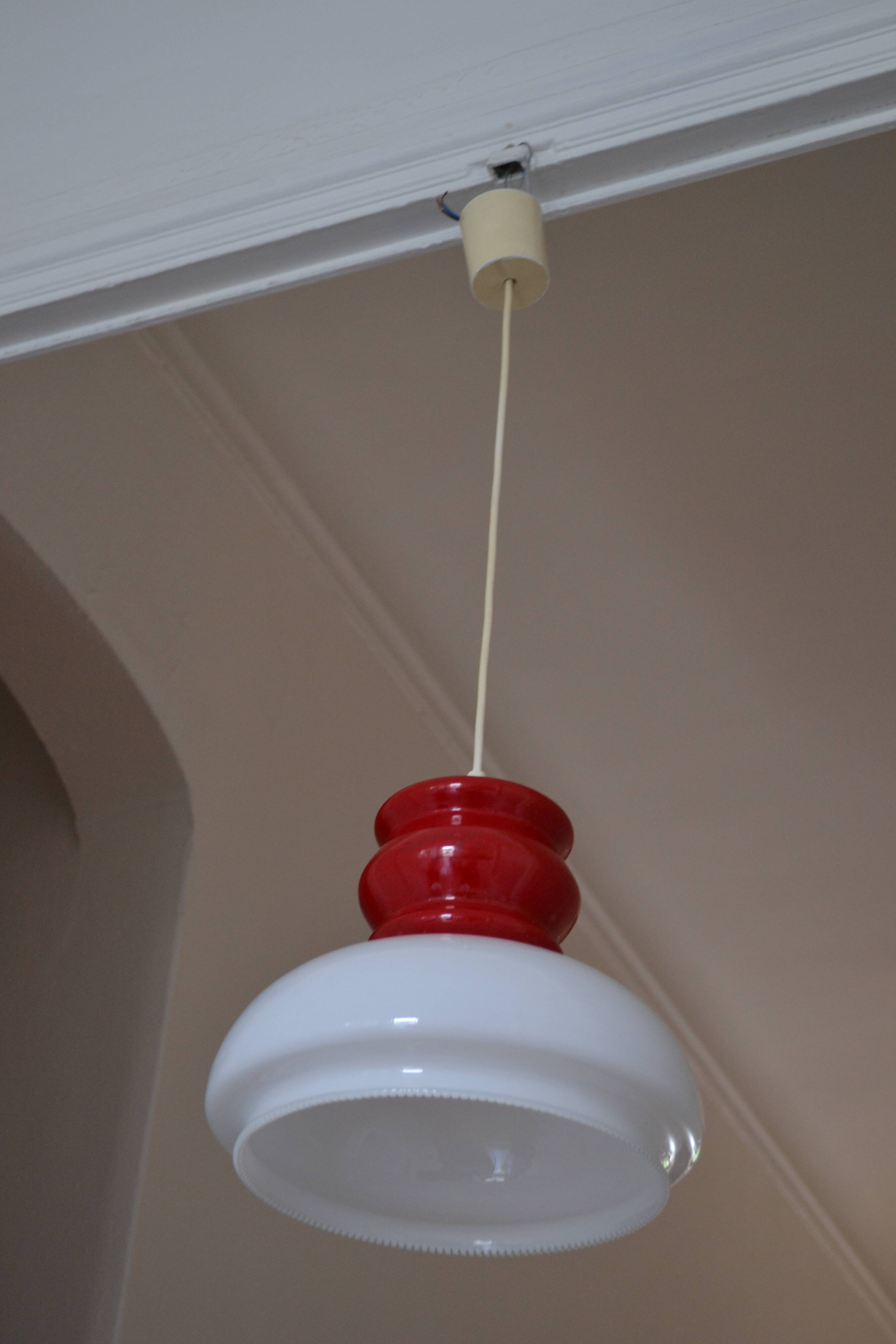 White and red opaline glass chandelier vintage 1970 space age