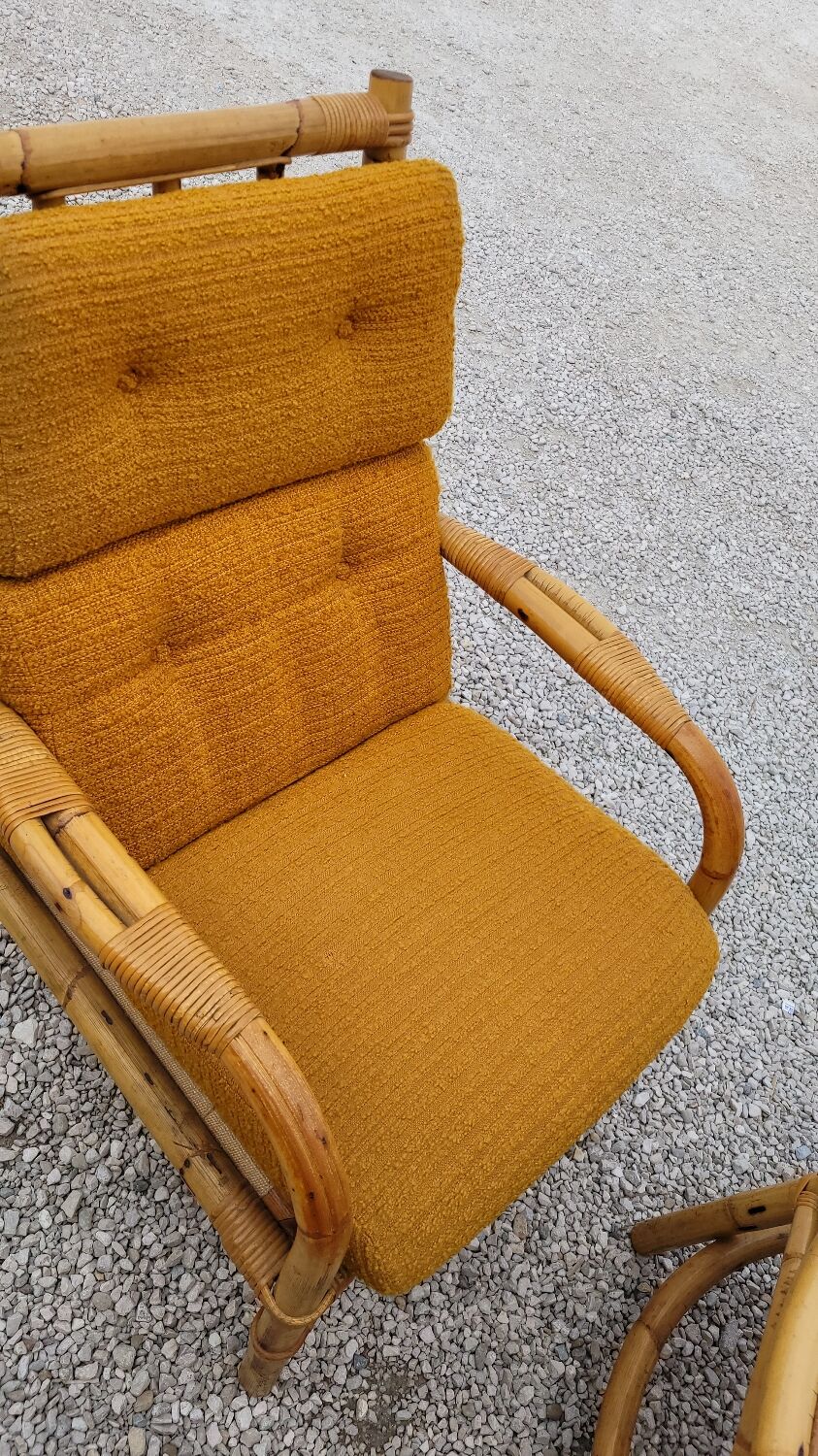 Salon canapé, 2 fauteuils et table basse en rotin vintage fabrication 1950