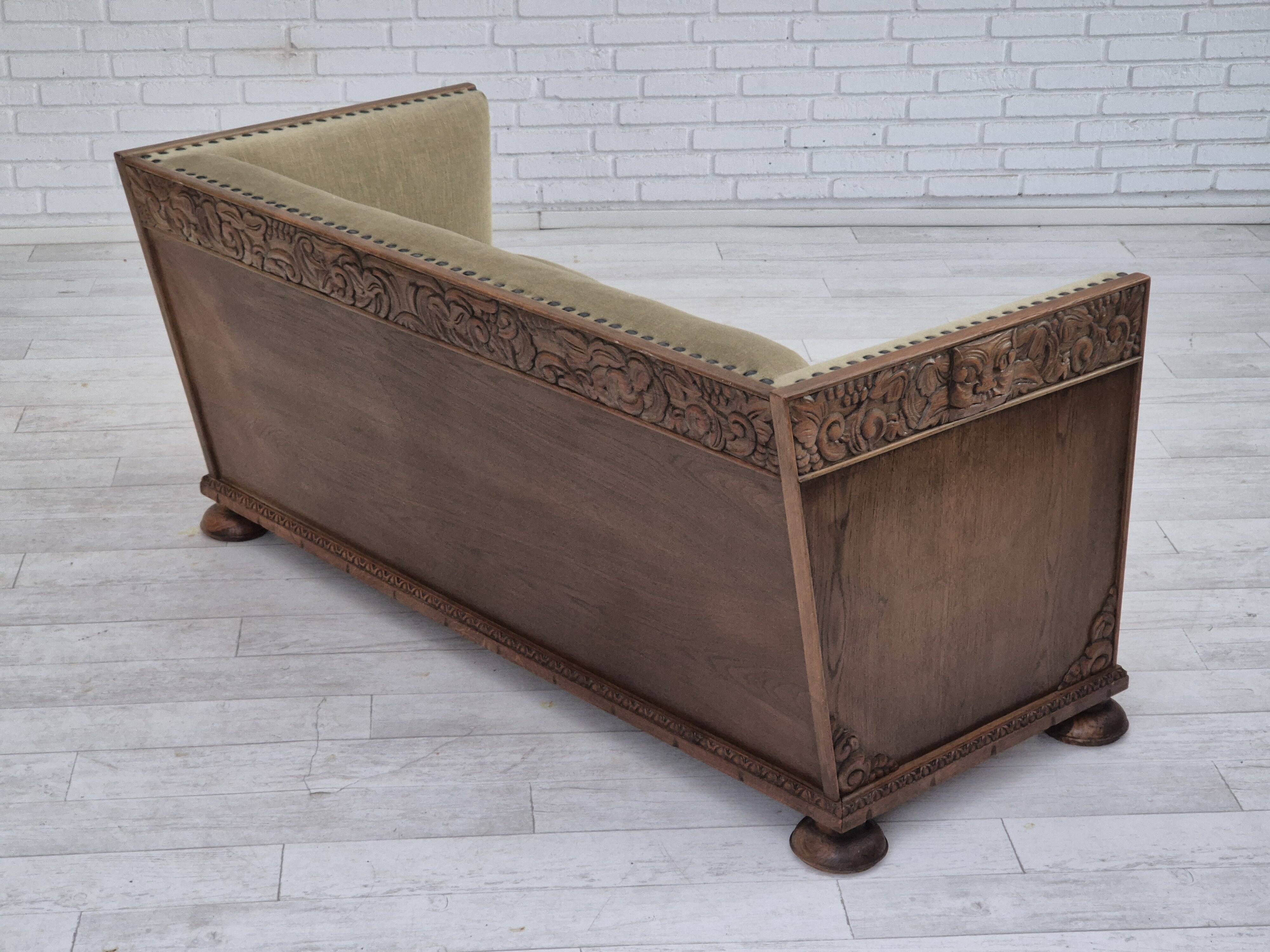 1950s, Danish curved sofa, furniture velour, oak wood.