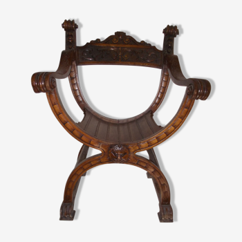 Curule armchair called Dagobert neo renaissance late nineteenth light wood