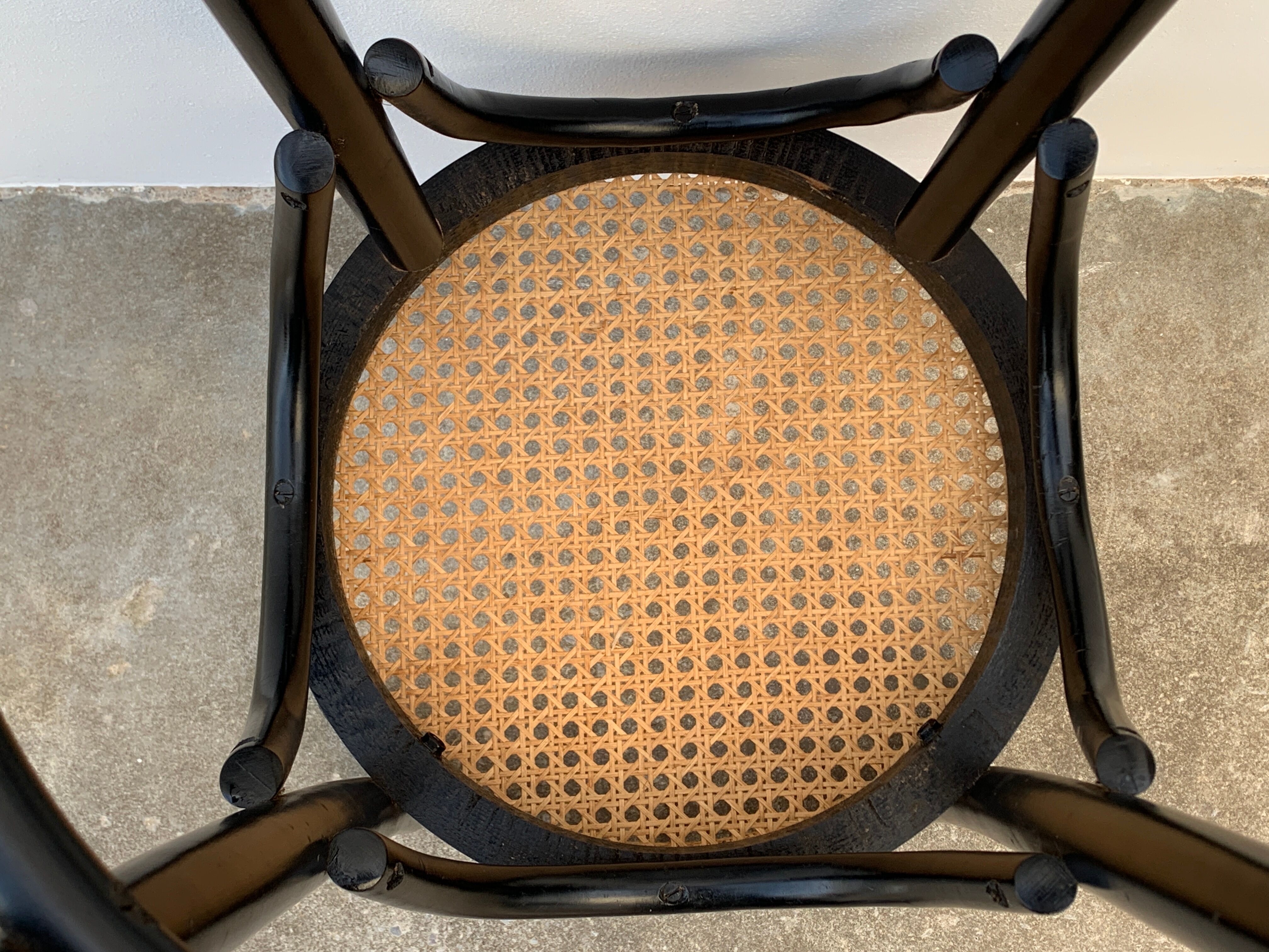 Pair of high canne stools or black curved wooden bar chairs, 1970