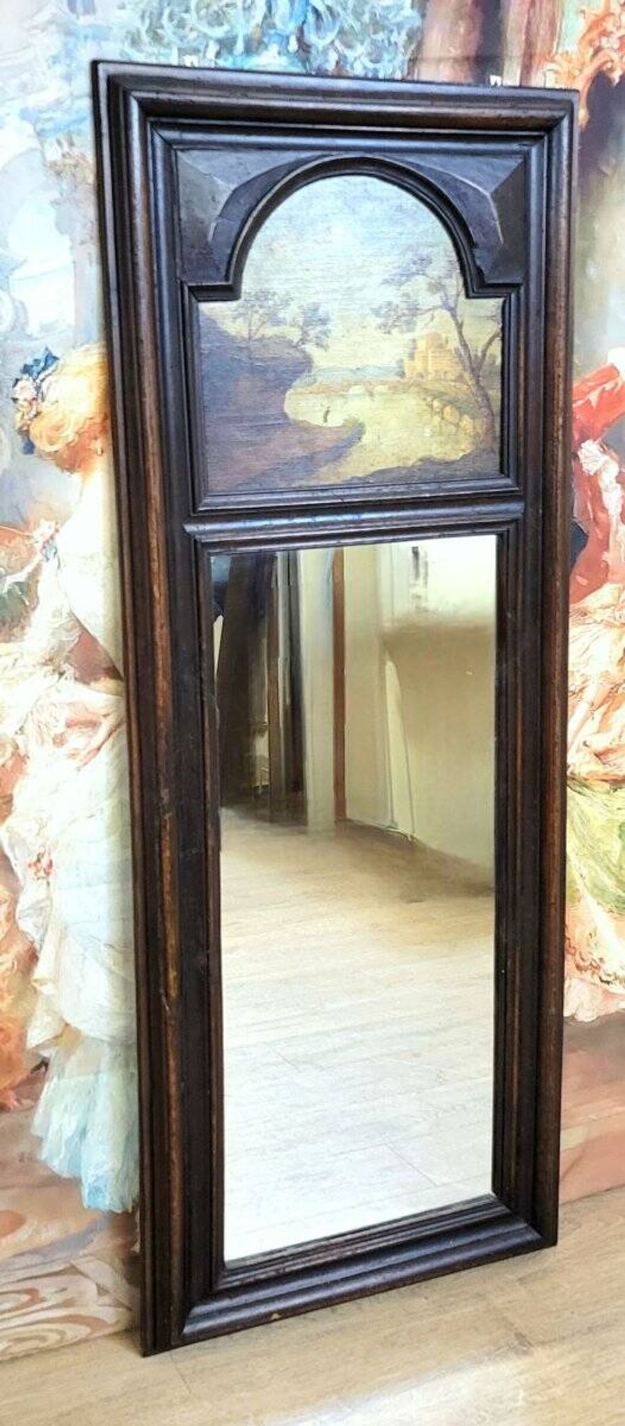 natural wood trumeau with oil painting on panel