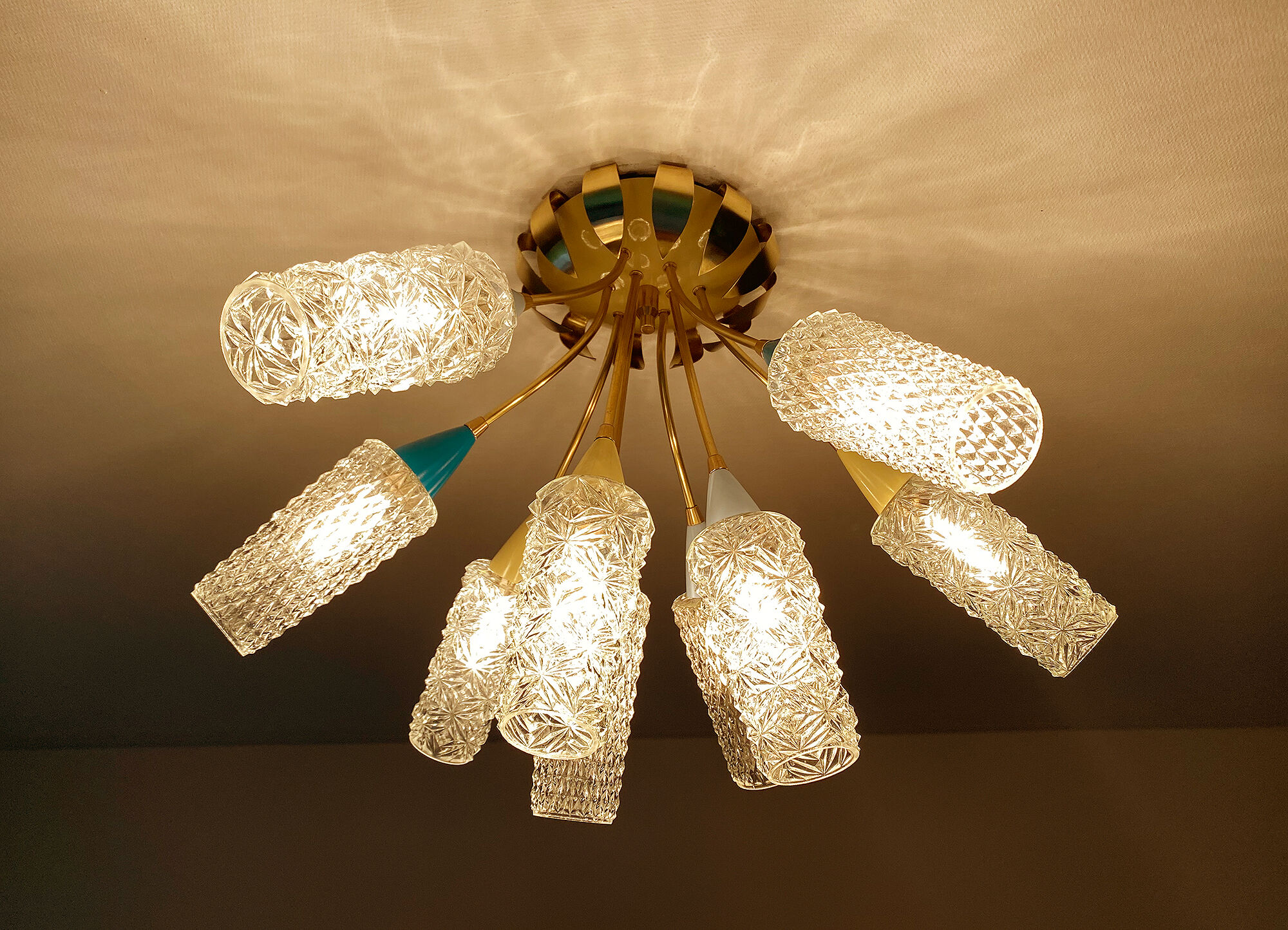 plafonnier lampe vintage, annees 50, verre laiton, bleu beige or