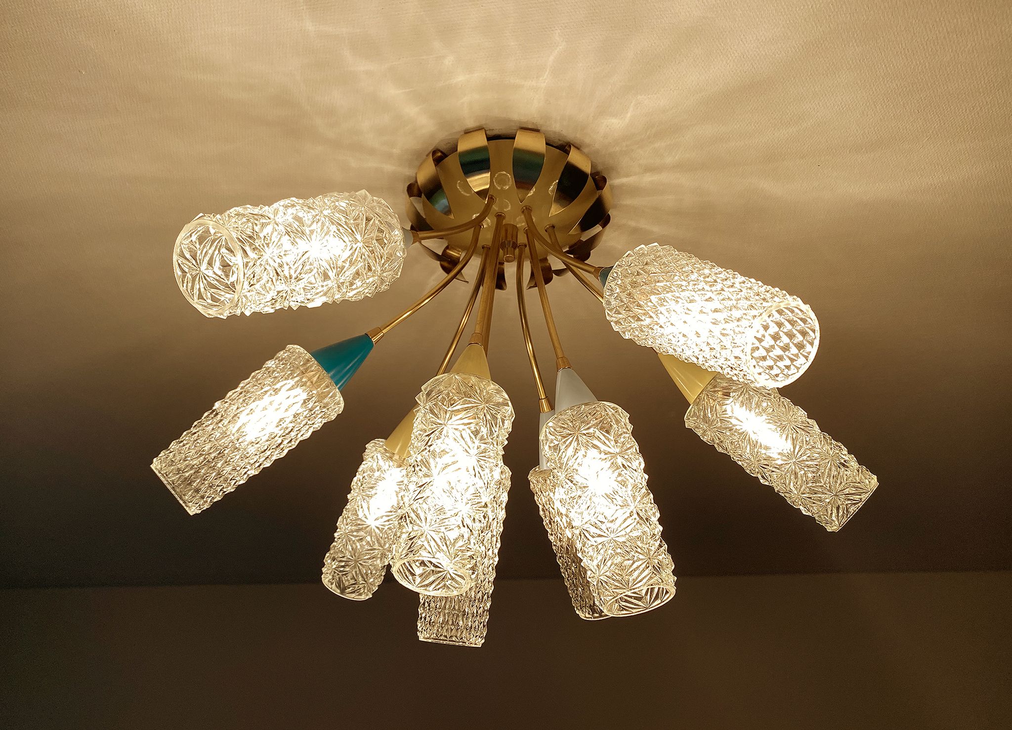 plafonnier lampe vintage, annees 50, verre laiton, bleu beige or