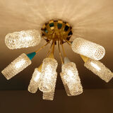 plafonnier lampe vintage, annees 50, verre laiton, bleu beige or